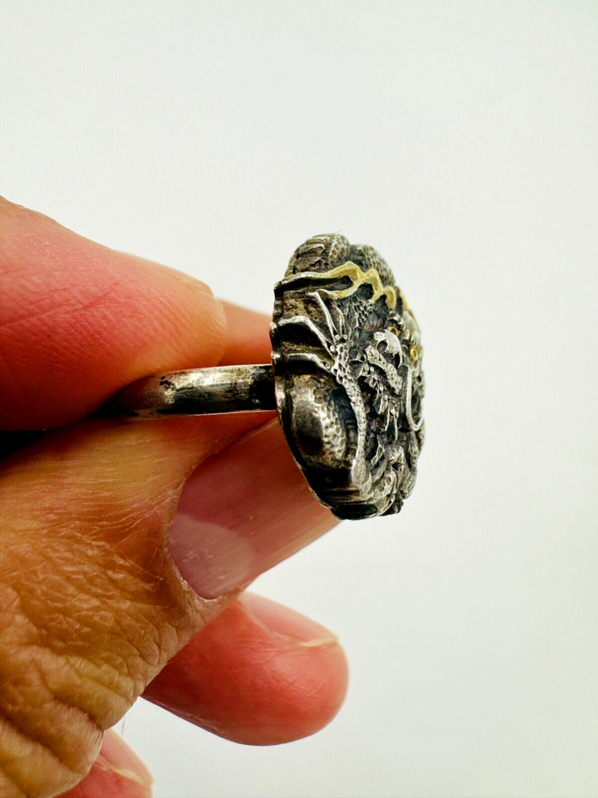 Antique Chinese Dragon Silver Mixed metals Ring