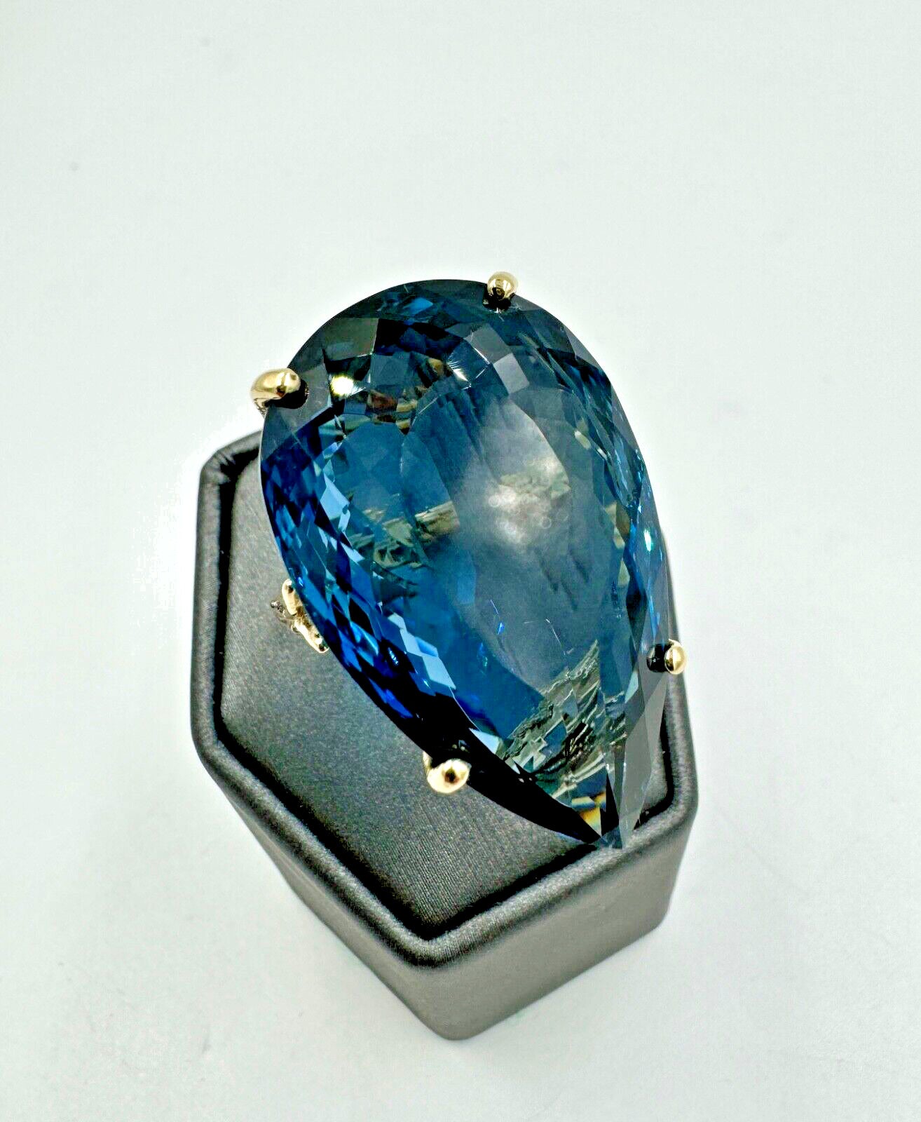Huge London Blue Topaz 14K Yellow Gold Cocktail Ring 57.00cts Pear Shape