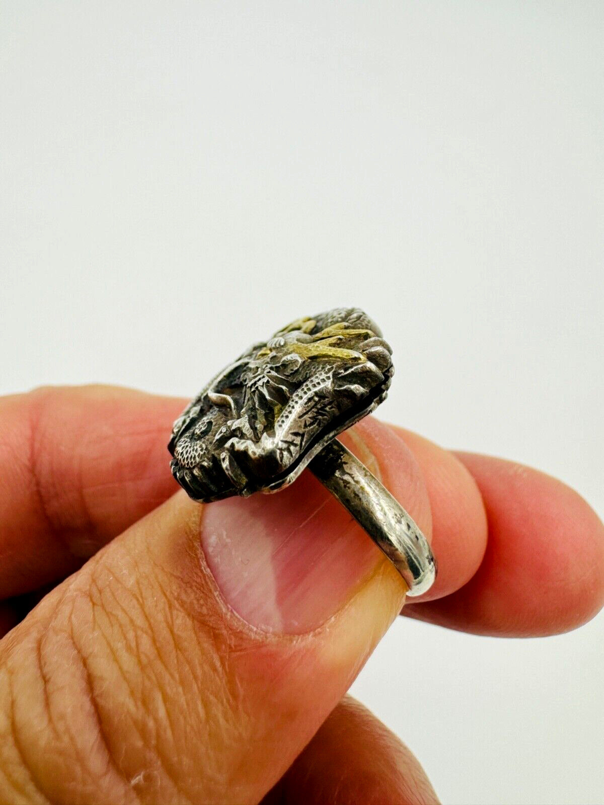 Antique Chinese Dragon Silver Mixed metals Ring