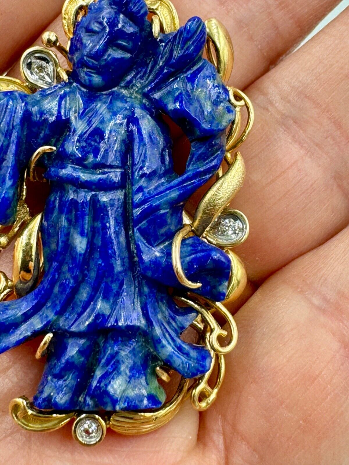 Carved Lapis Lazuli Quad Yin Pendant Diamond accents pendant Necklace