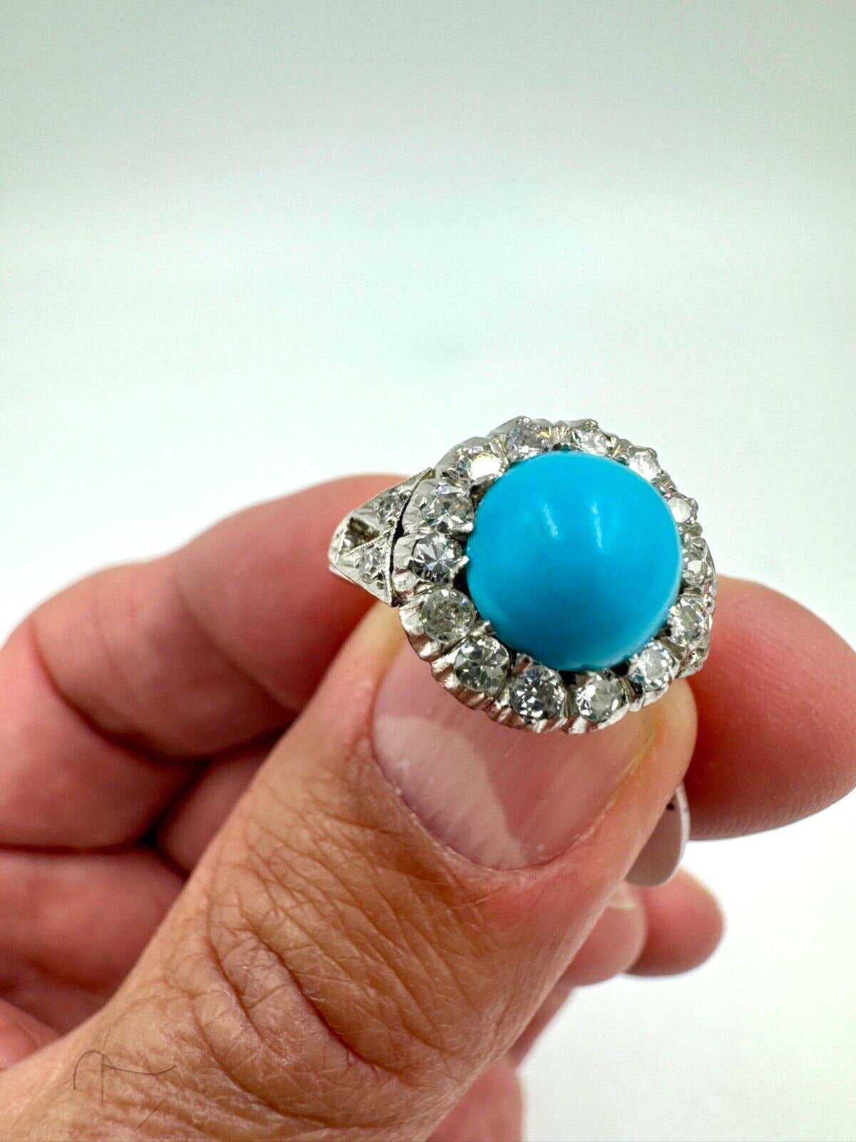 Mid Century Platinum Turquoise and Rose Cut Diamond Halo Ring
