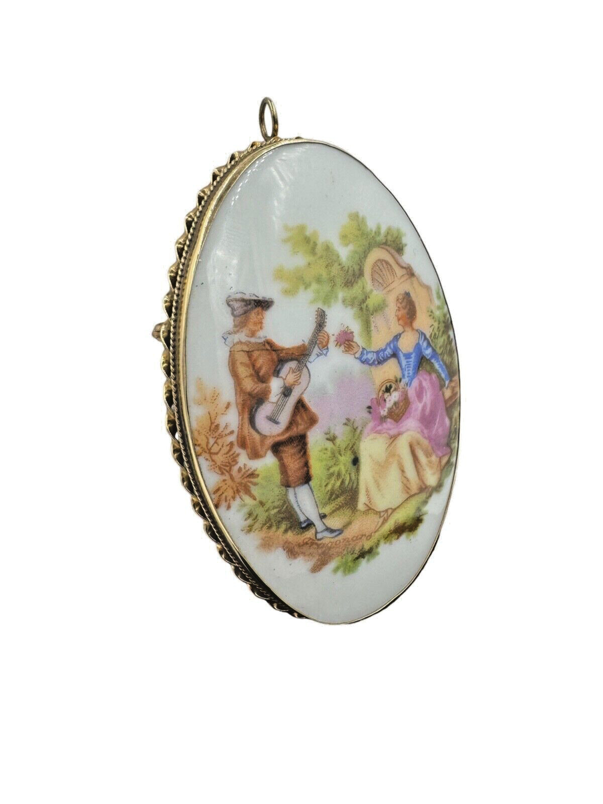 14K Limoges Fragonard large Porcelain Hand Painted Pendant