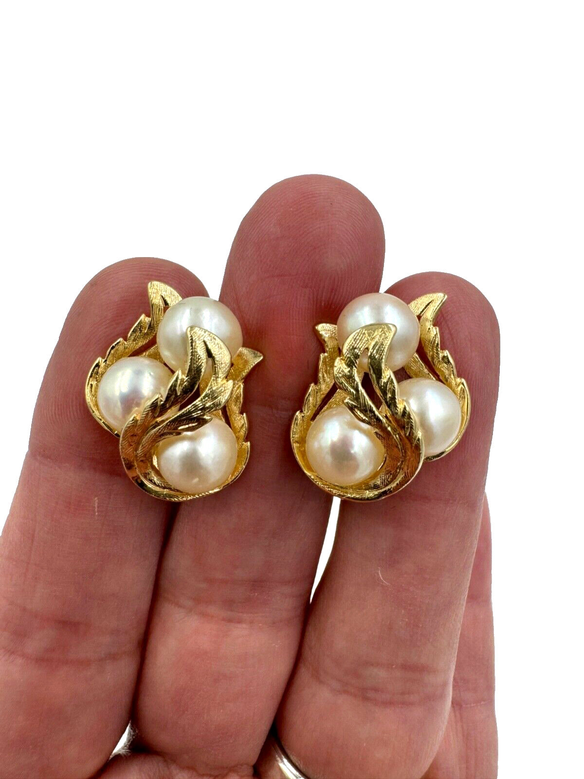 Mid Century 14k yellow gold pearl Leaf Earrings Screw Backs