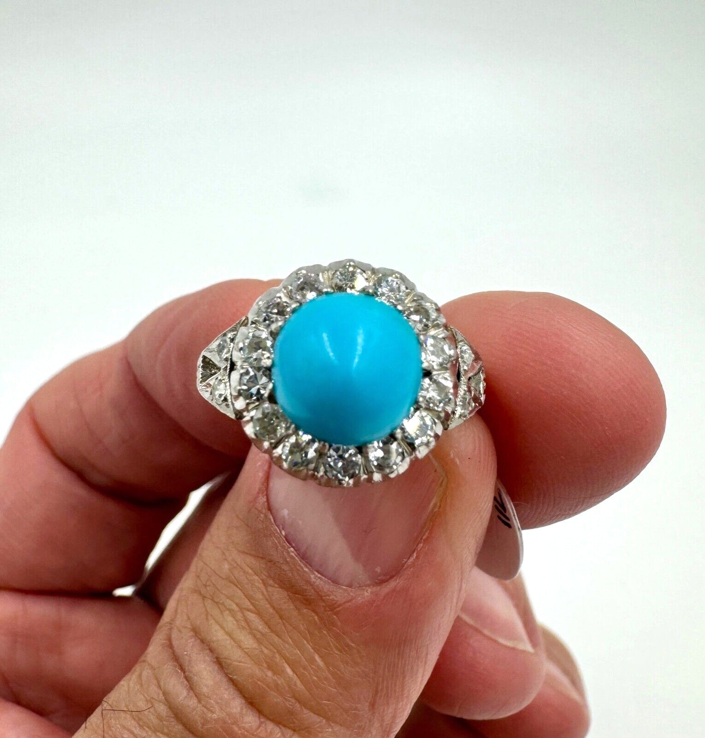 Mid Century Platinum Turquoise and Rose Cut Diamond Halo Ring