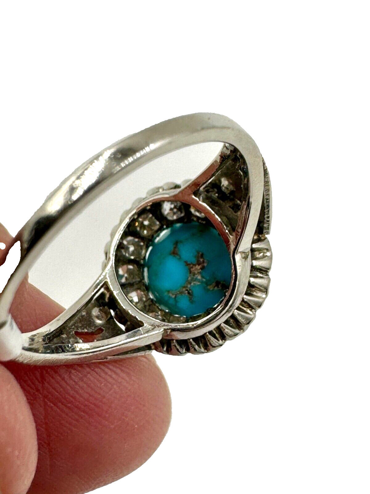 Mid Century Platinum Turquoise and Rose Cut Diamond Halo Ring
