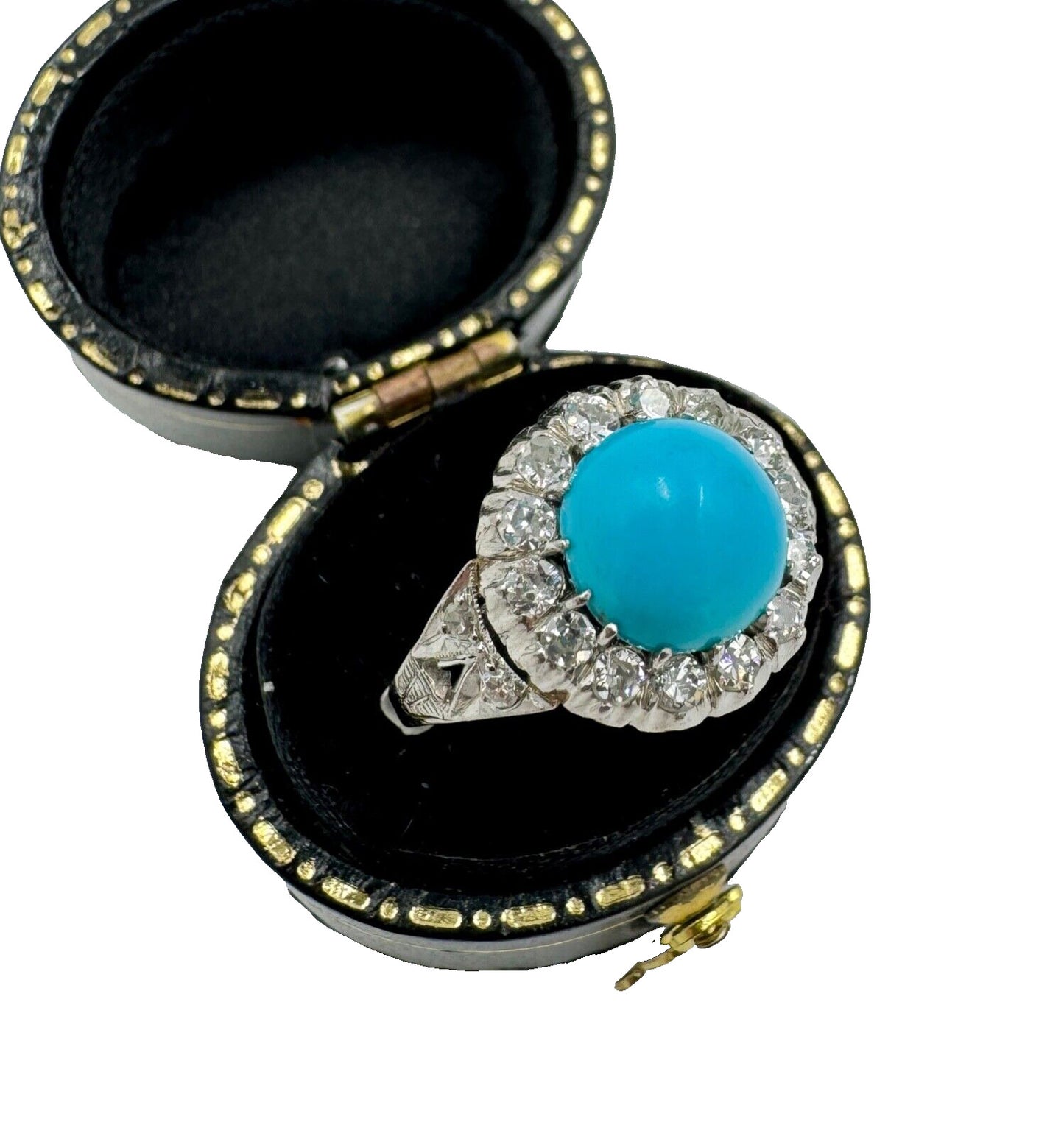 Mid Century Platinum Turquoise and Rose Cut Diamond Halo Ring