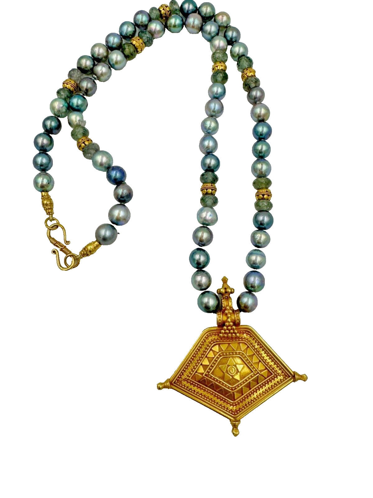 21k gold blue Pearl Strand Necklace with Gold Quartz Spacers