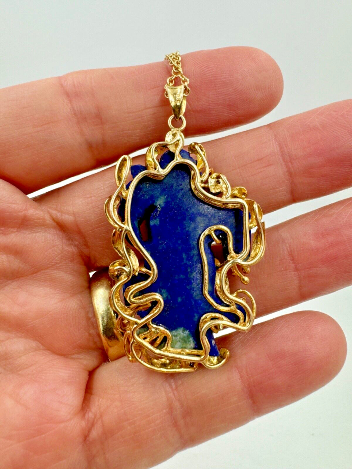 Carved Lapis Lazuli Quad Yin Pendant Diamond accents pendant Necklace