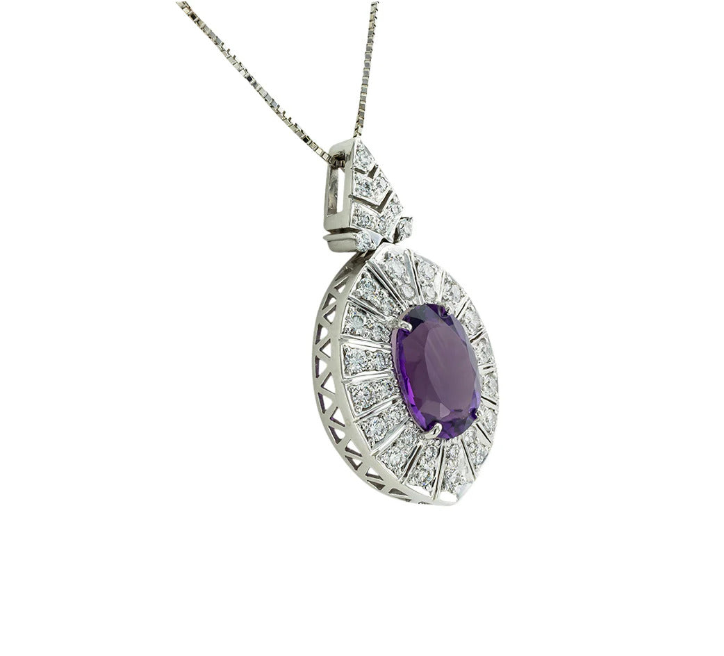 Amethyst Diamond White Gold Pendant Necklace