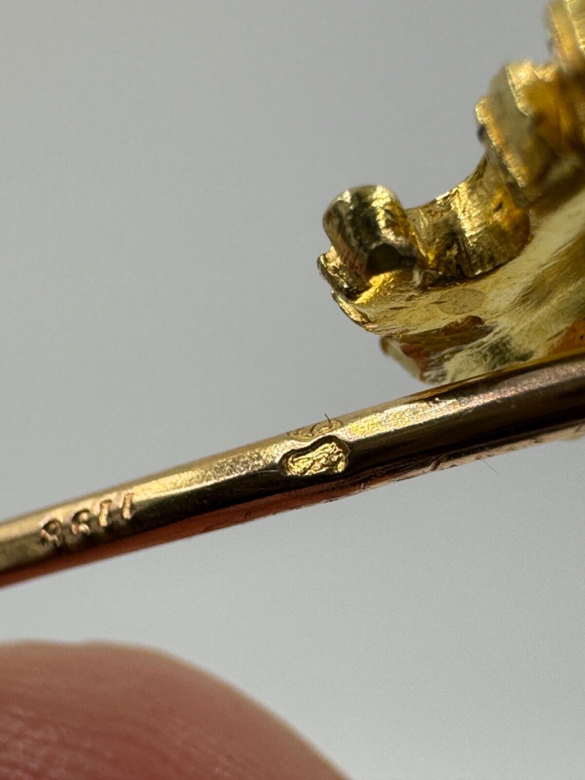 Antique French 18k gold Mythical figure stick pin Hat pin Emerald