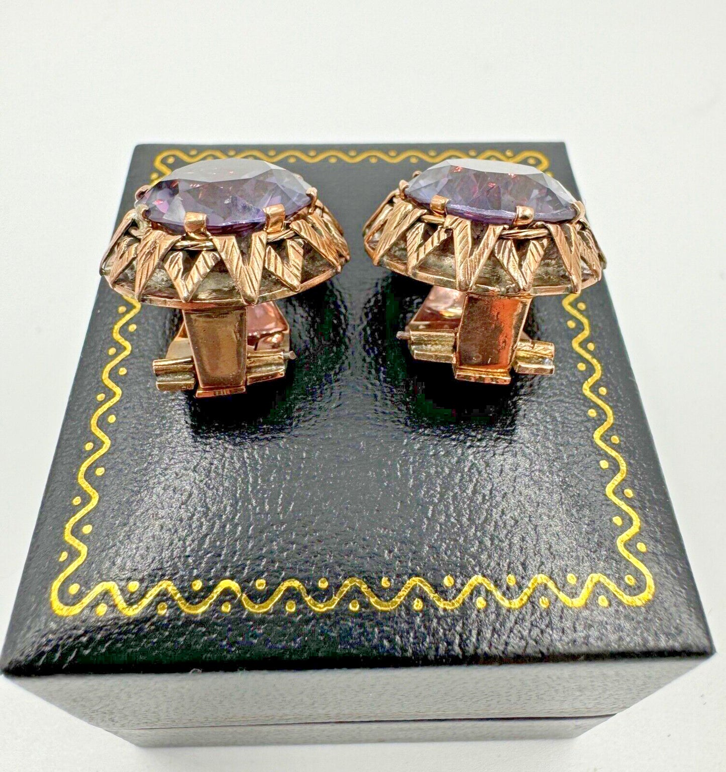 Vintage 9k ct Gold Synthetic Change Sapphire Clip on Earrings Rose Gold