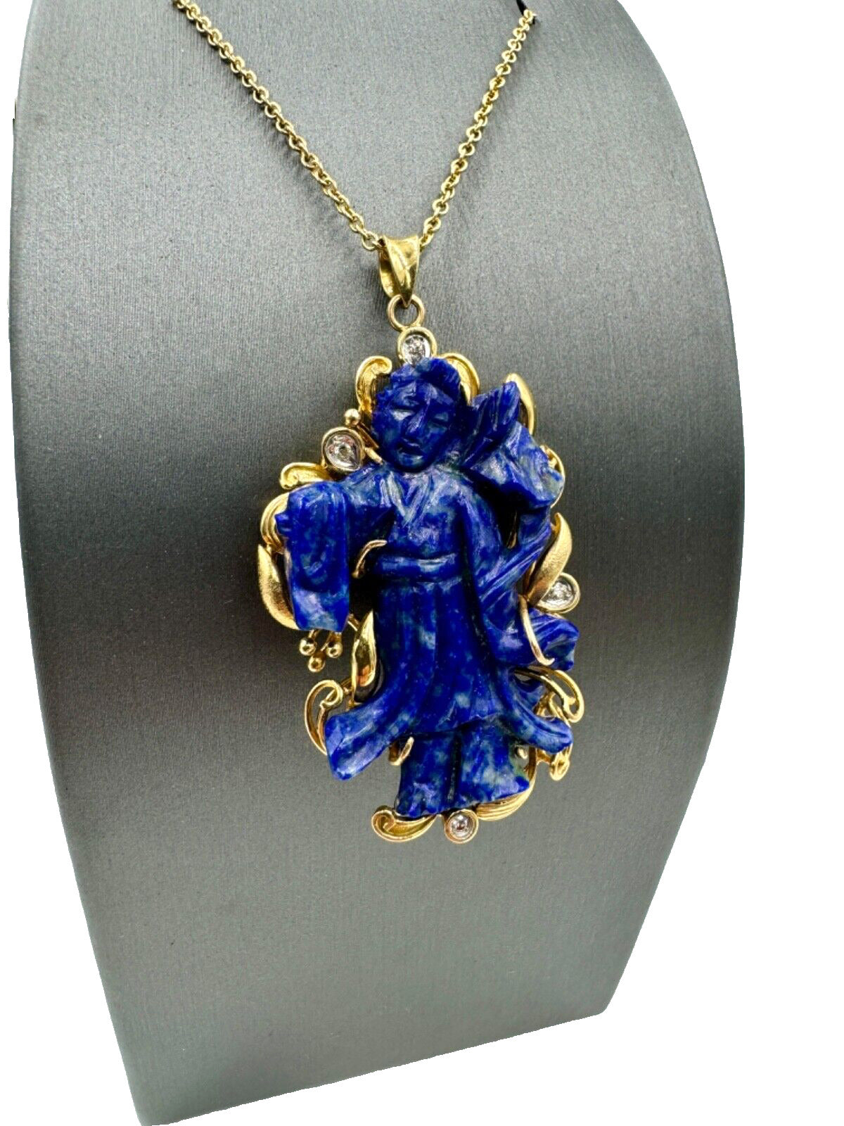 Carved Lapis Lazuli Quad Yin Pendant Diamond accents pendant Necklace