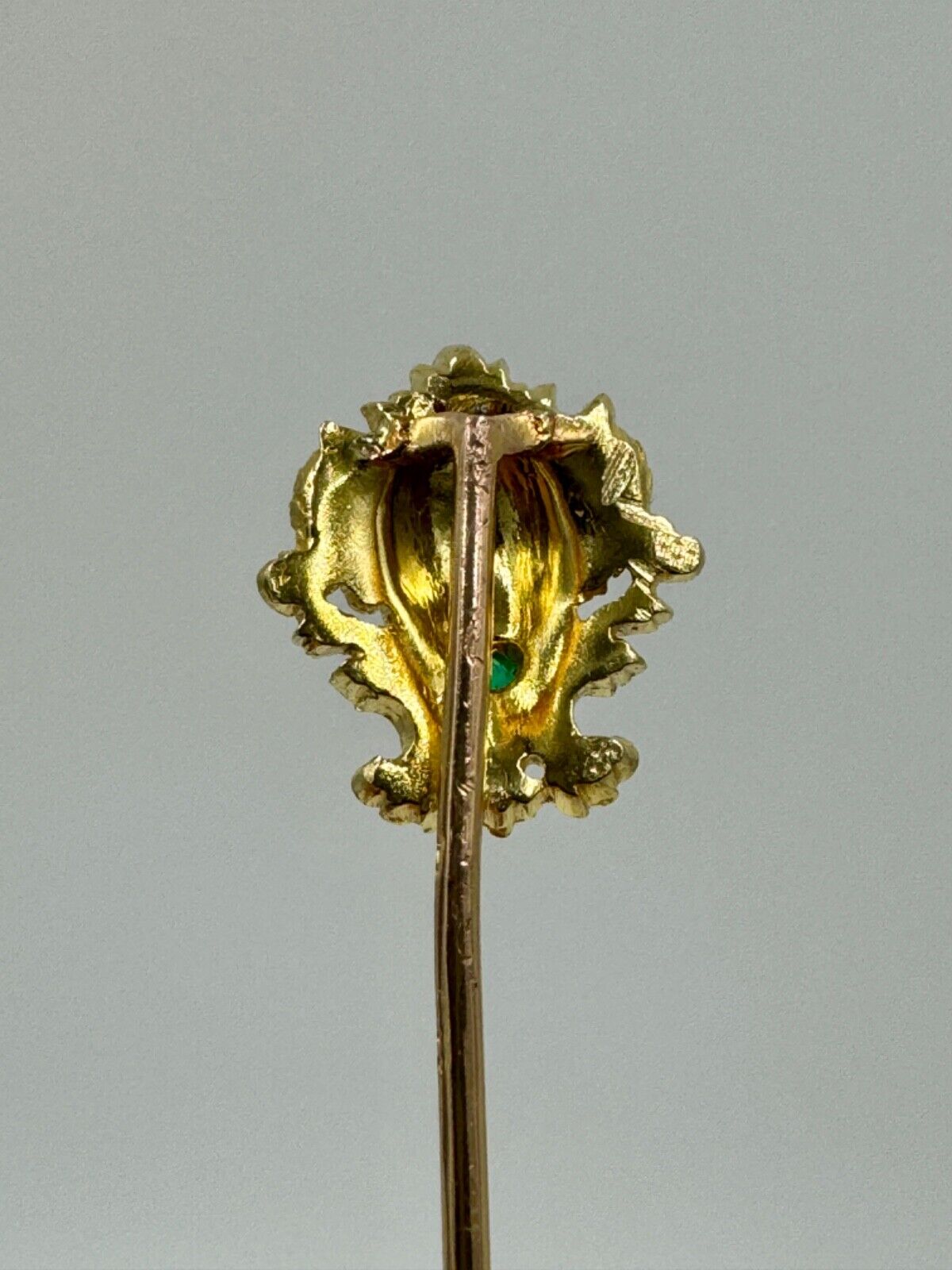 Antique French 18k gold Mythical figure stick pin Hat pin Emerald