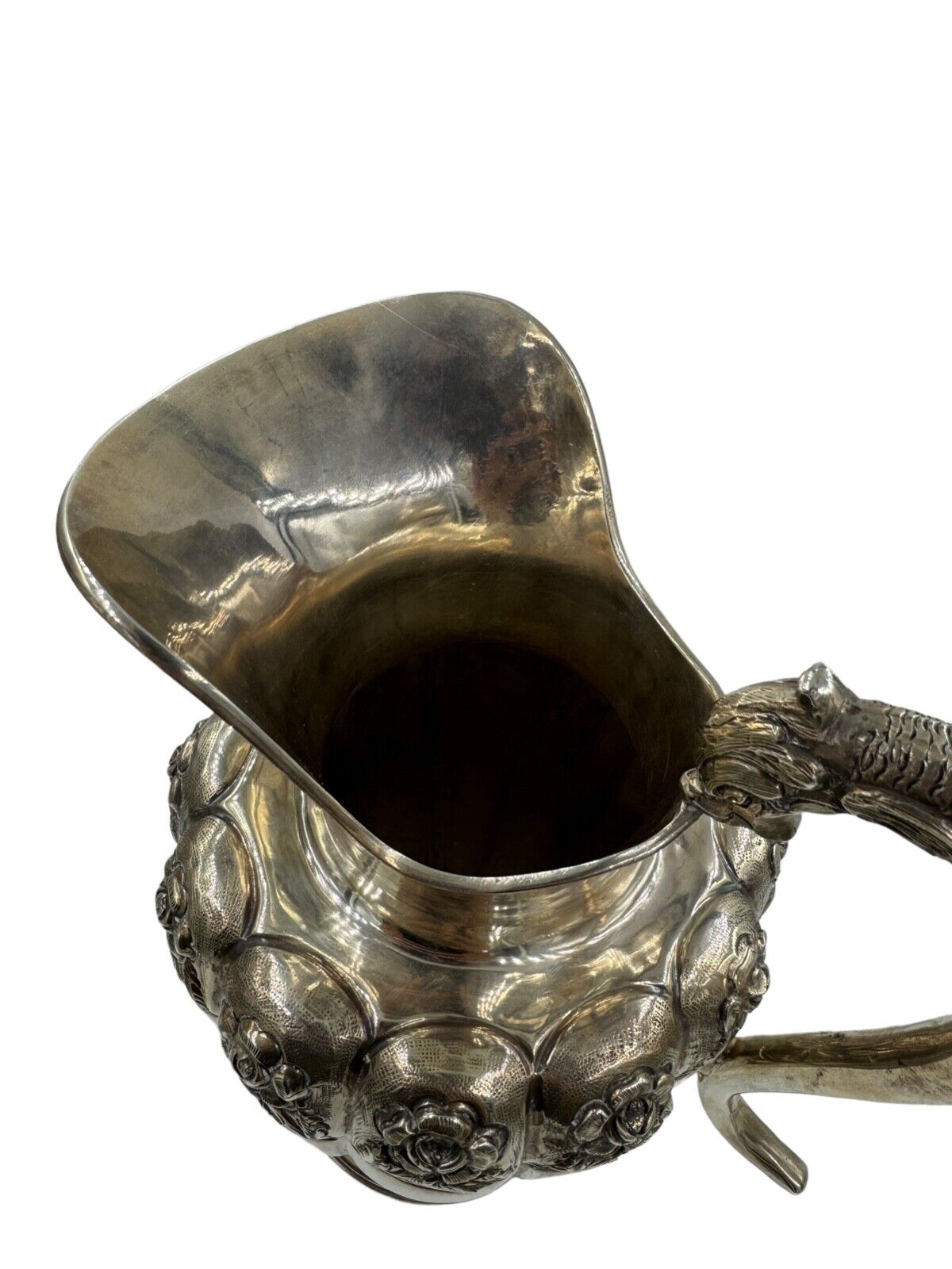 1940's Sterling Silver Water Pitcher From Mexico Fish Handle 11"