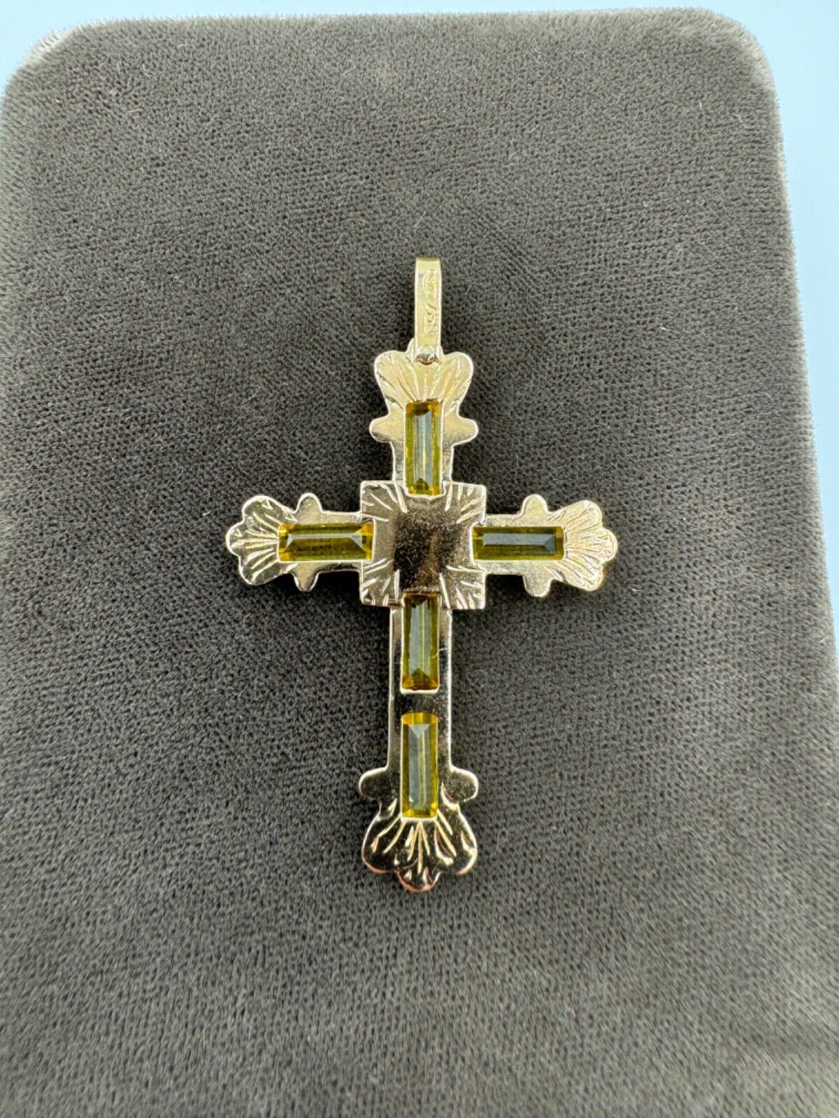 Estate Italian 18k Yellow Gold Diamond and Yellow Stone Cross Pendant