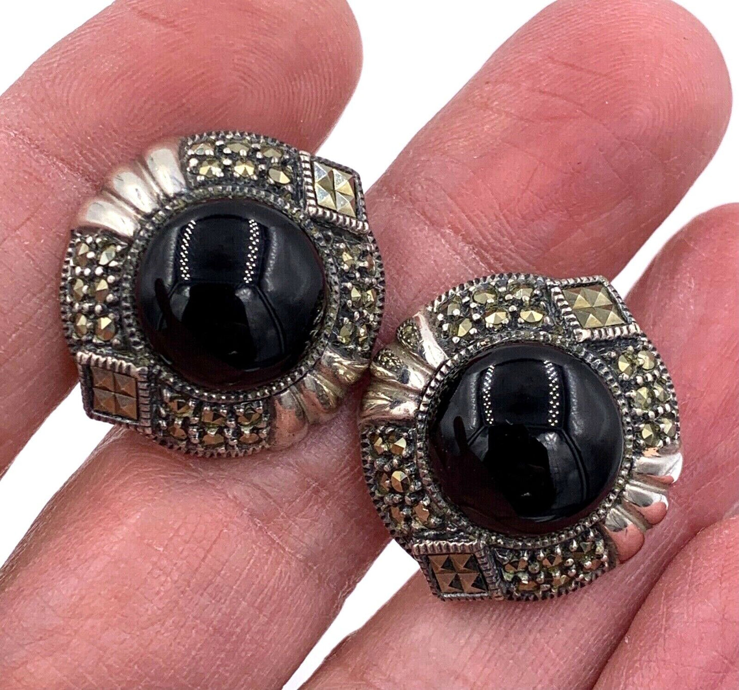Vintage Rare Judith Jack .925 Sterling Silver Onyx & Marcasite Earrings pierced