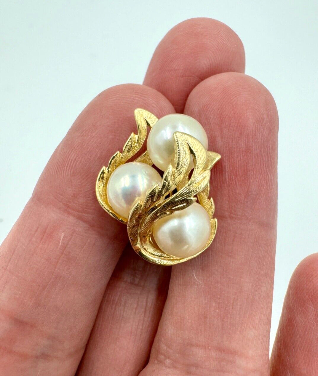 Mid Century 14k yellow gold pearl Leaf Earrings Screw Backs