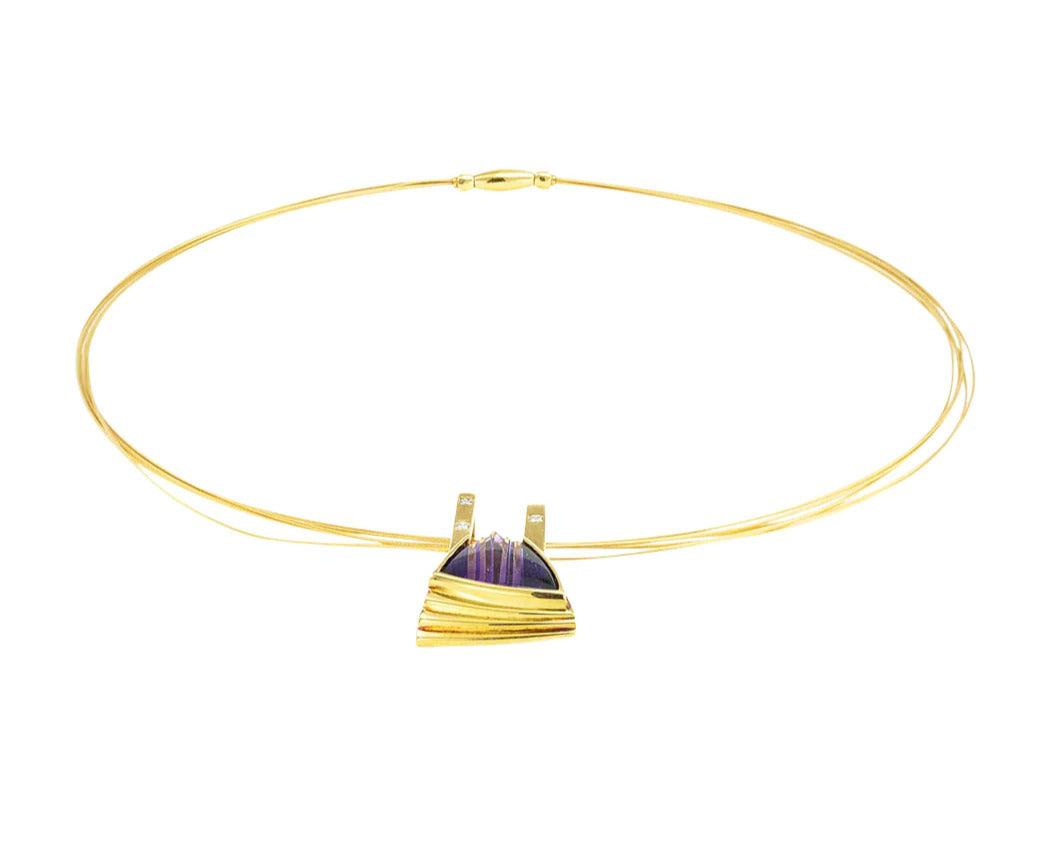 Estate Fantasy Cut Amethyst Princess Cut Diamond 18k Yellow Gold Necklace