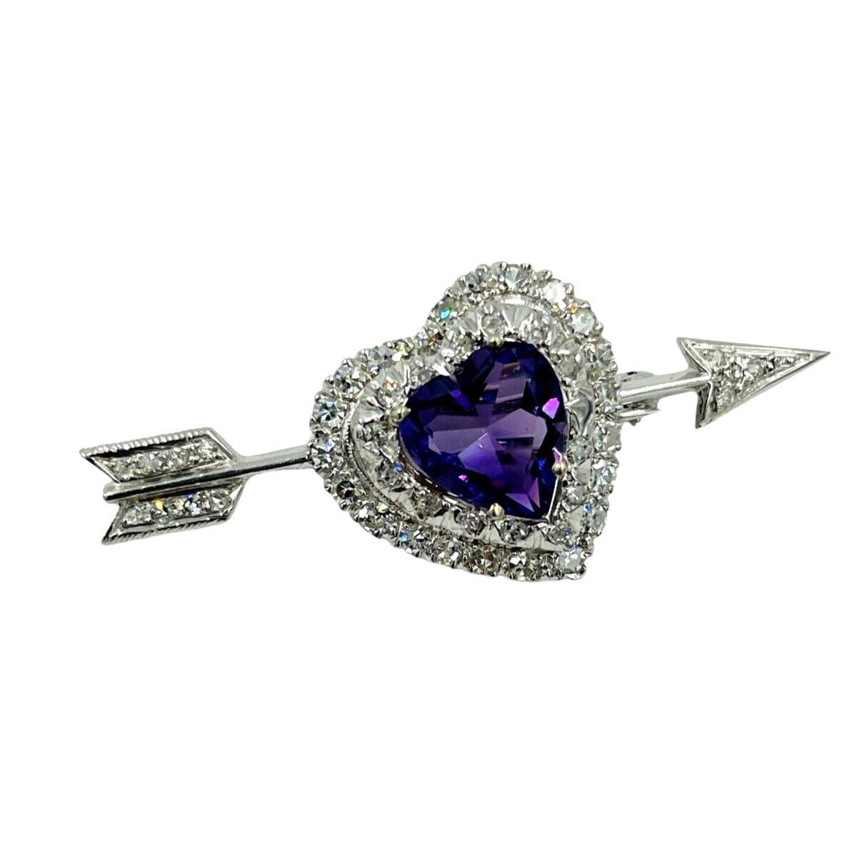 Heart & Arrow Amethyst Diamond Brooch Pin 14K White Gold Mid Century