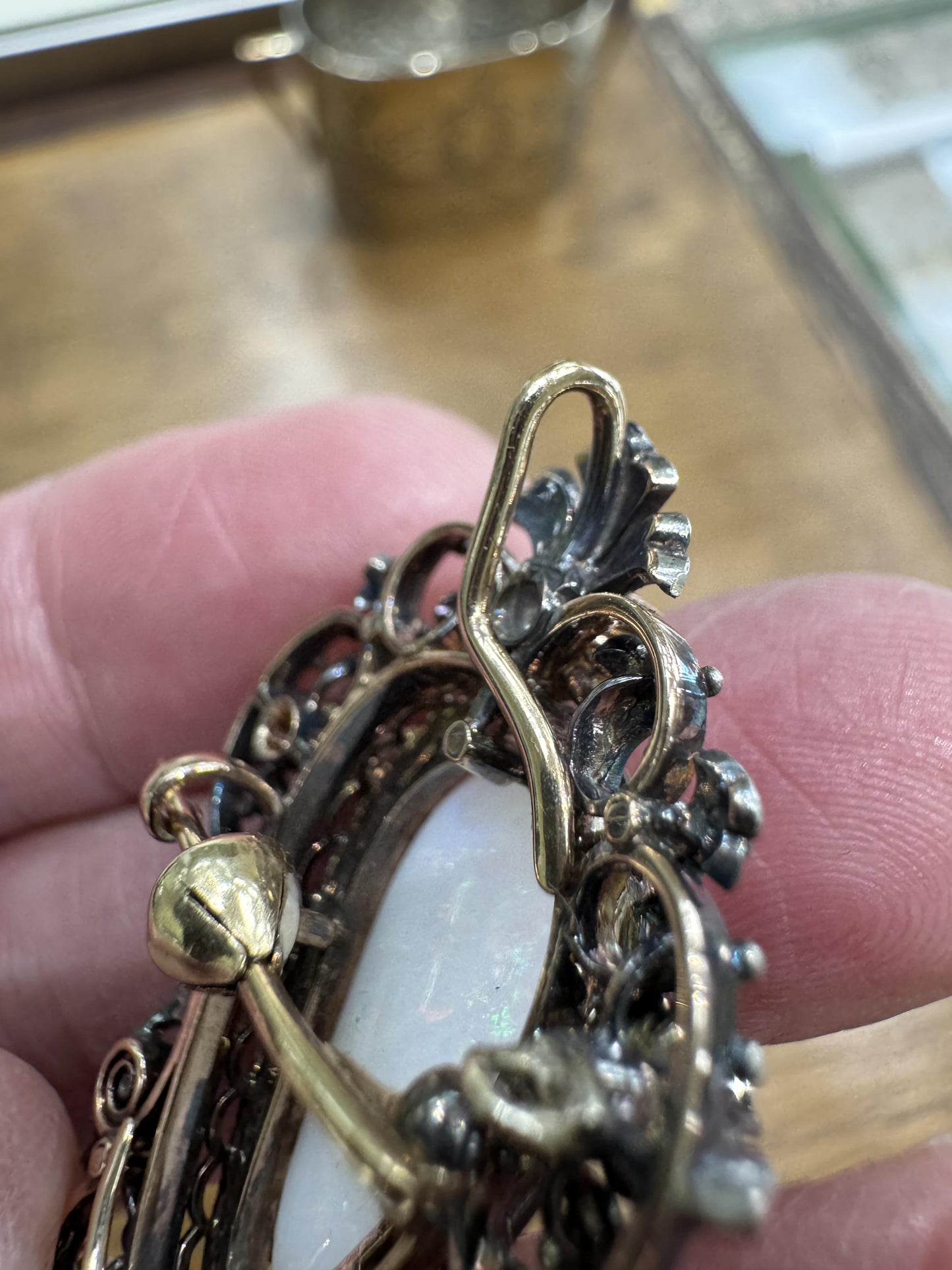 Antique 14k Gold Silver Top Diamond Opal Brooch Pendant