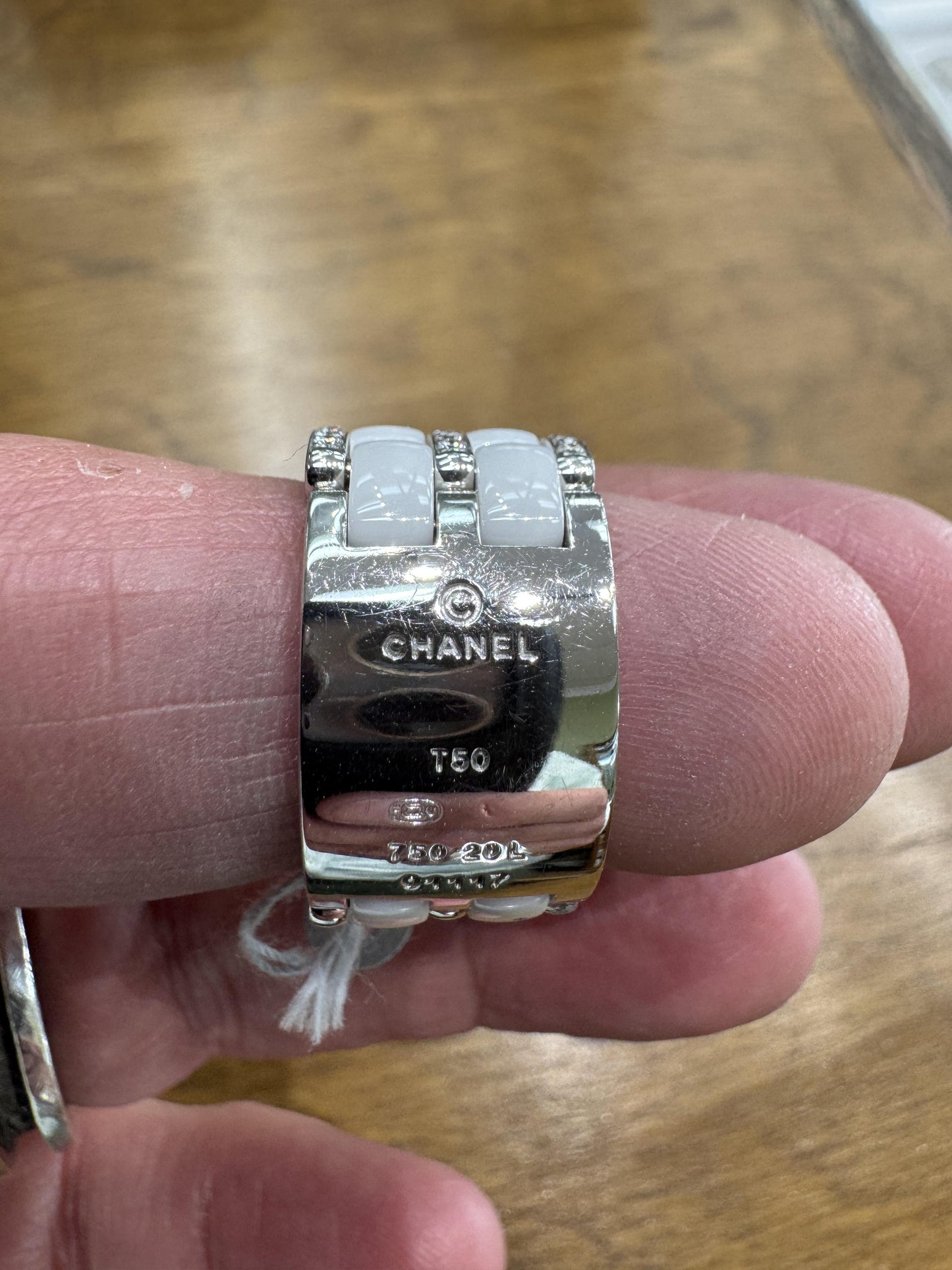 Authentic CHANEL 18k White Gold Diamond Ceramic Wide Band