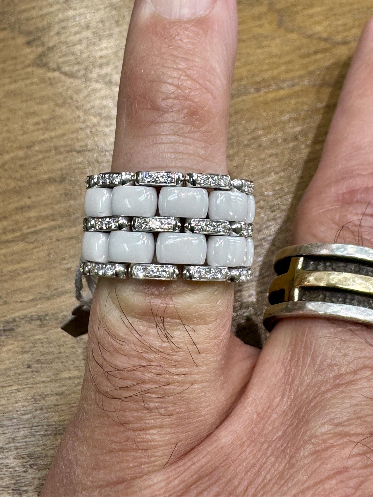 Authentic CHANEL 18k White Gold Diamond Ceramic Wide Band