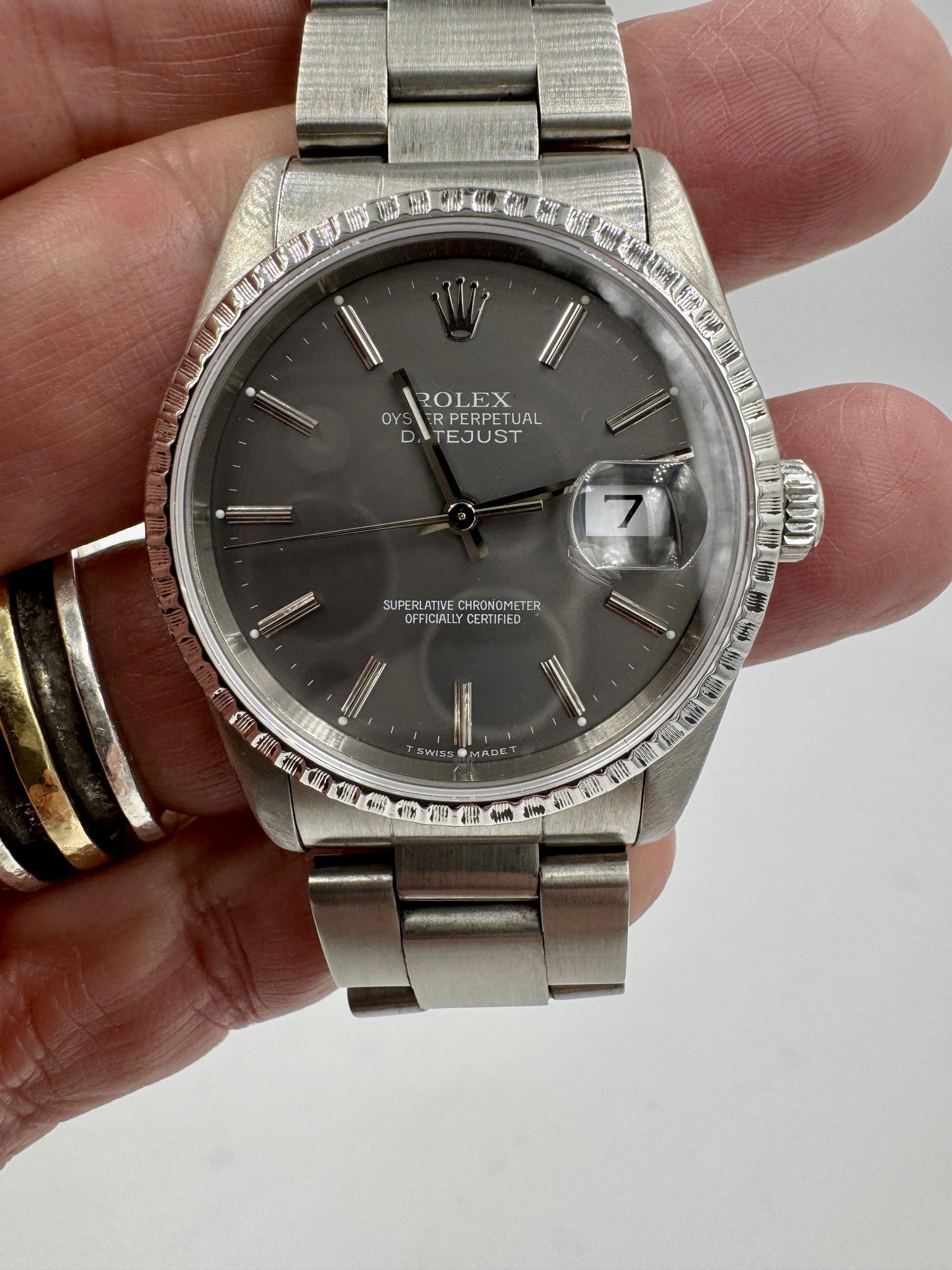 Rolex 16220 Engine Turned Bezel Oyster Band 1989 with Receipt