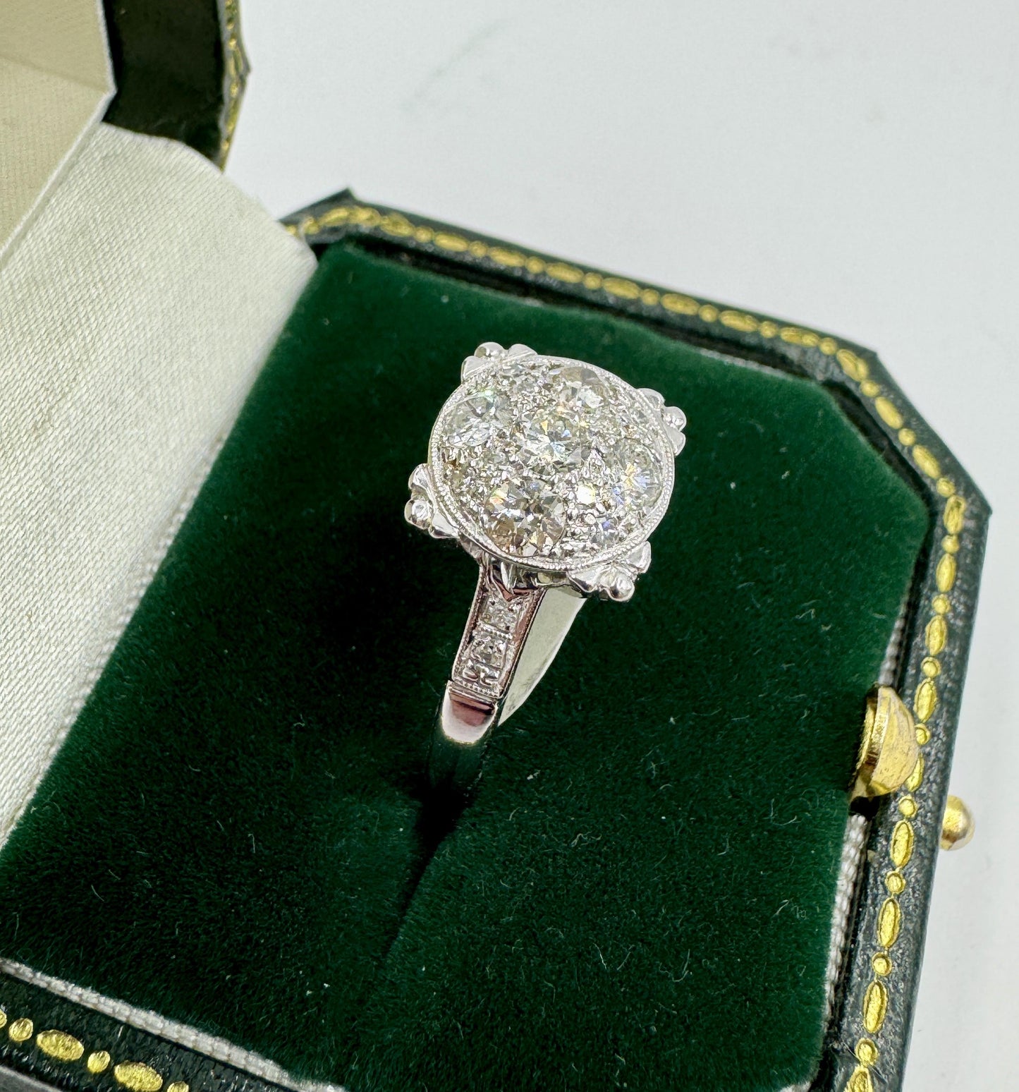 Estate 1950's 14k White Gold Diamond Cluster Ring