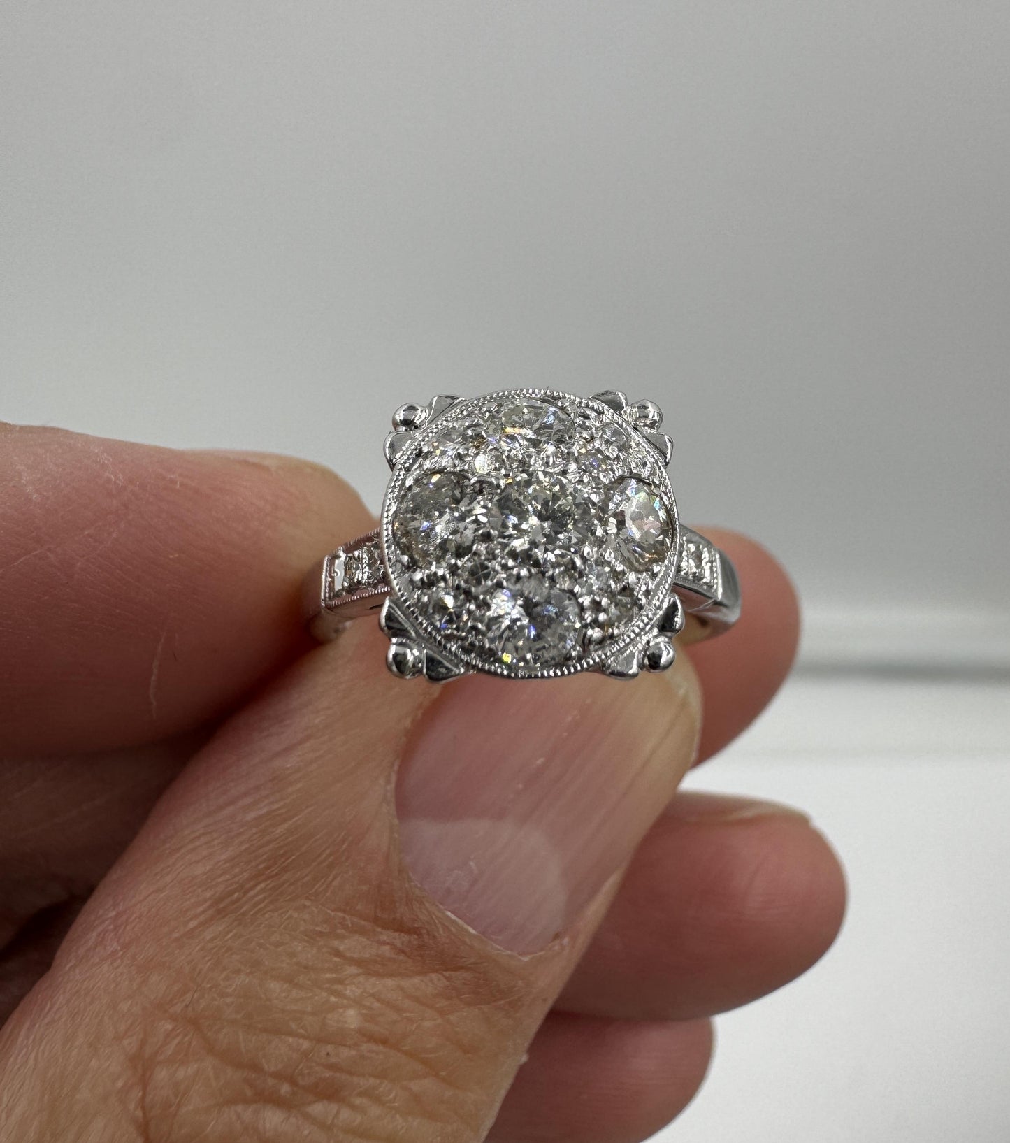 Estate 1950's 14k White Gold Diamond Cluster Ring