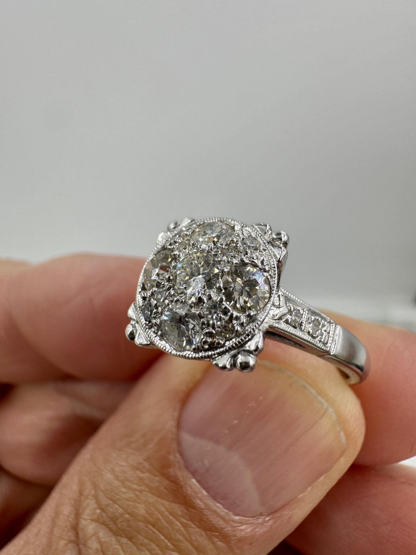 Estate 1950's 14k White Gold Diamond Cluster Ring