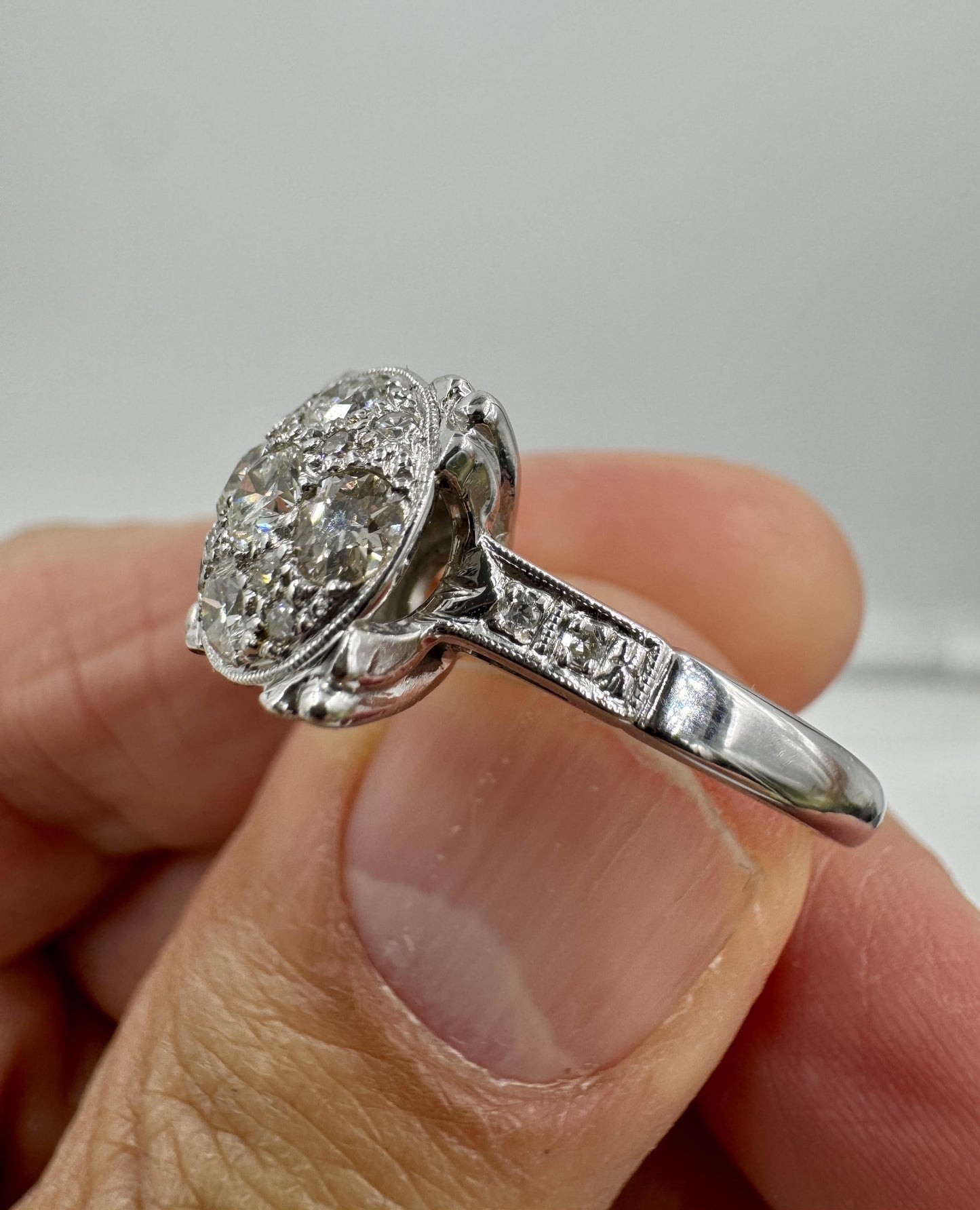 Estate 1950's 14k White Gold Diamond Cluster Ring