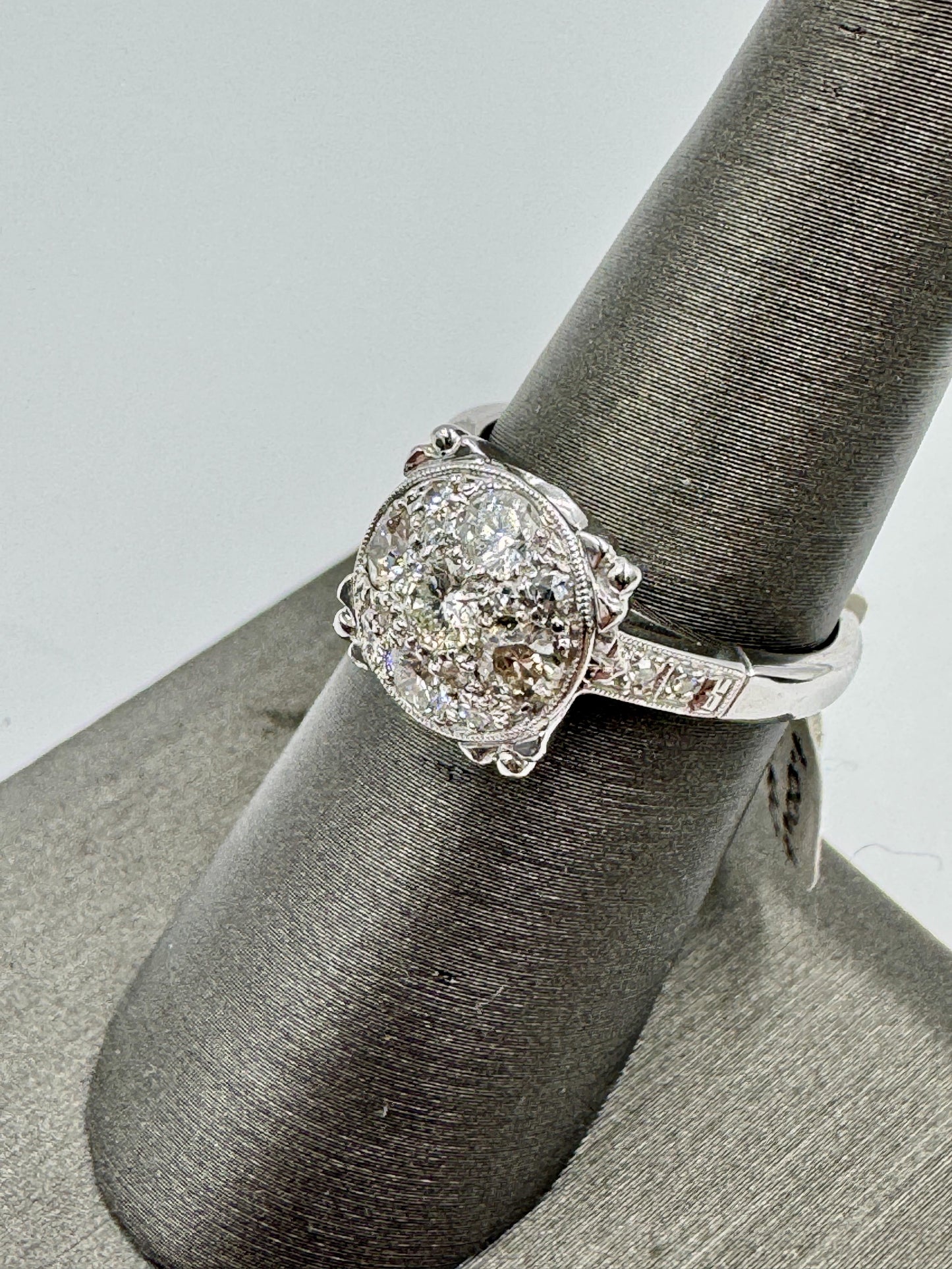Estate 1950's 14k White Gold Diamond Cluster Ring