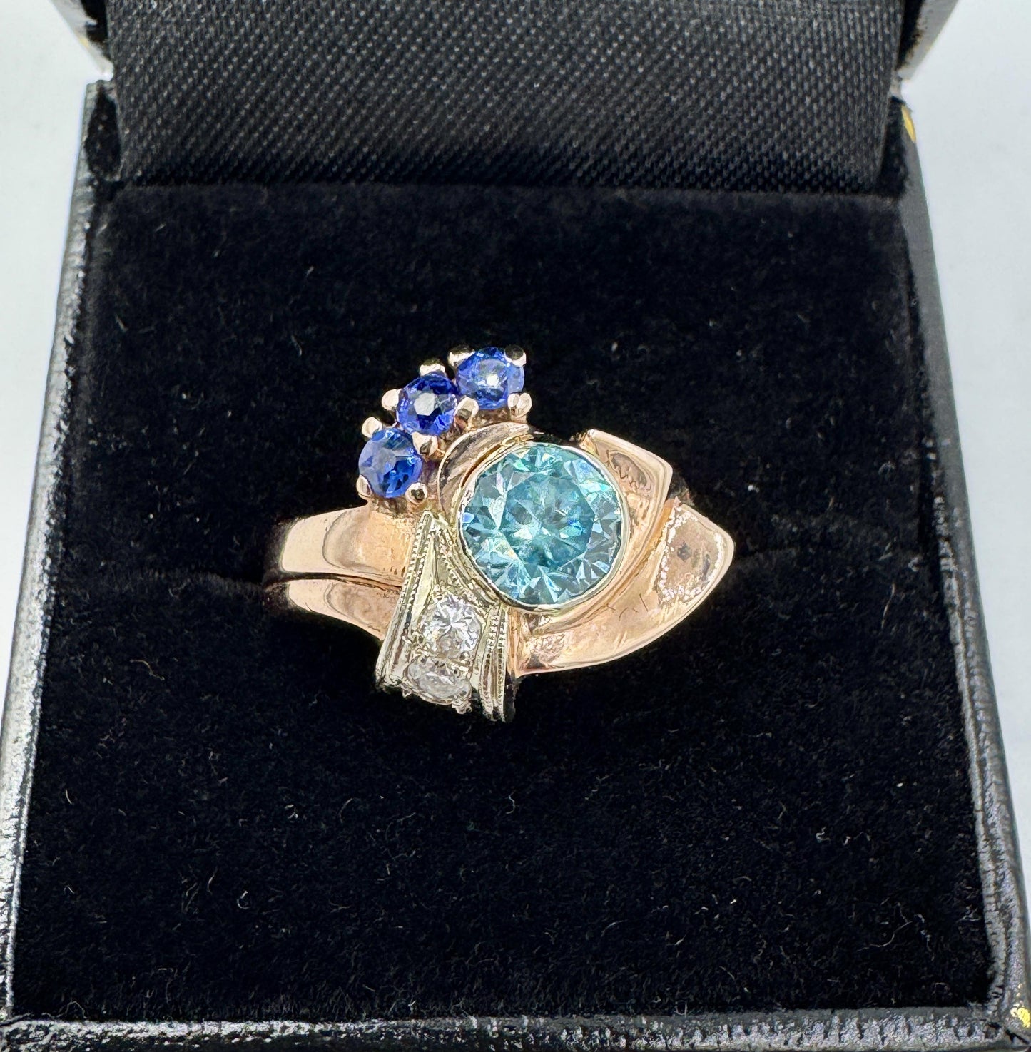 Retro 14k Rose Gold Zircon Sapphire Diamond Ring