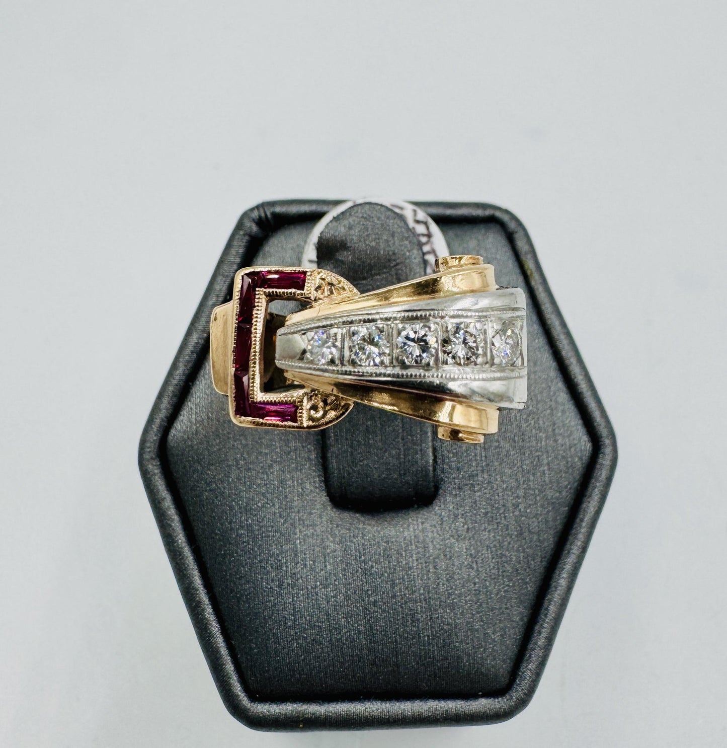 Retro 14k Rose Gold Daimond and Ruby Buckle Ring