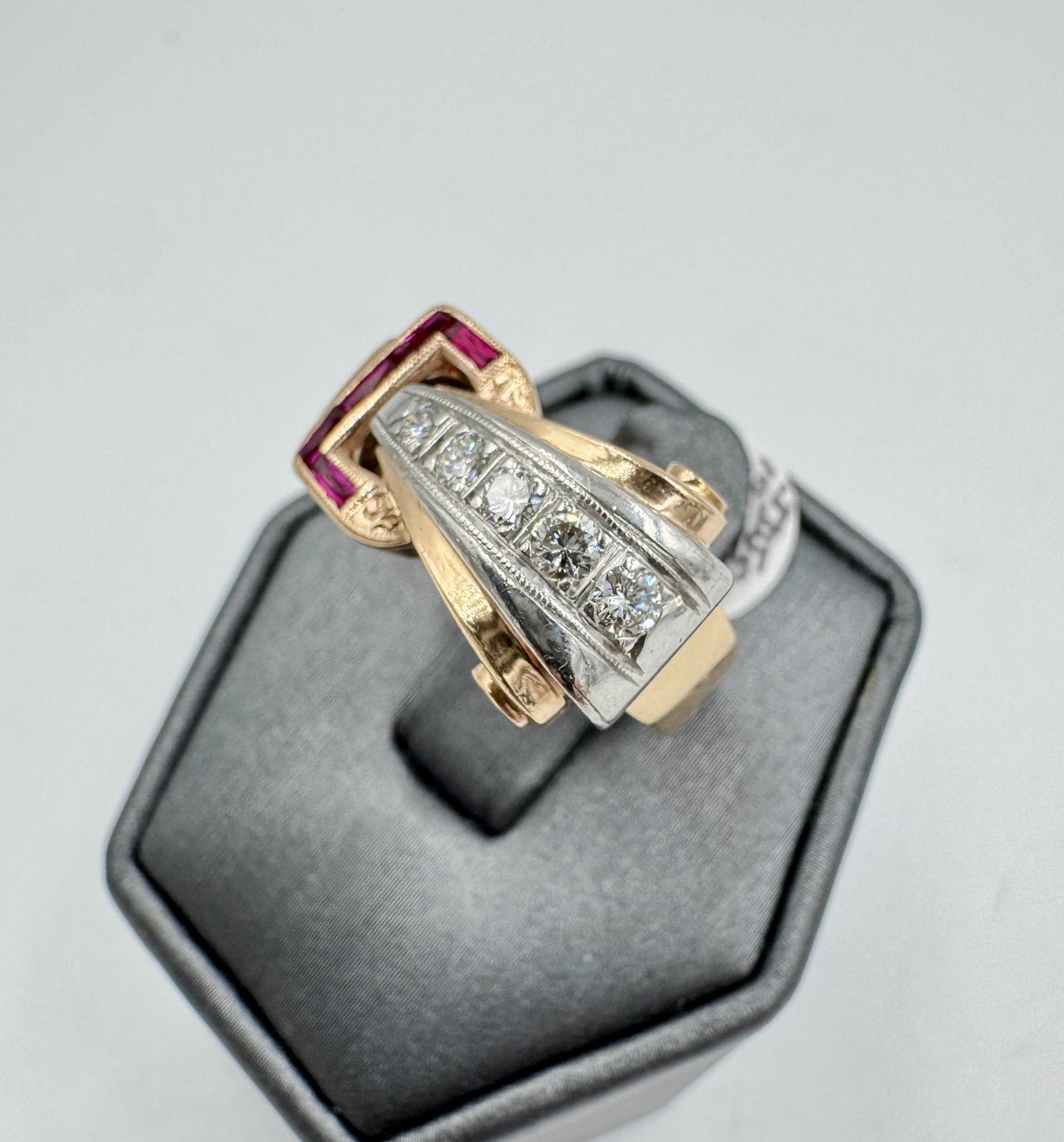 Retro 14k Rose Gold Daimond and Ruby Buckle Ring