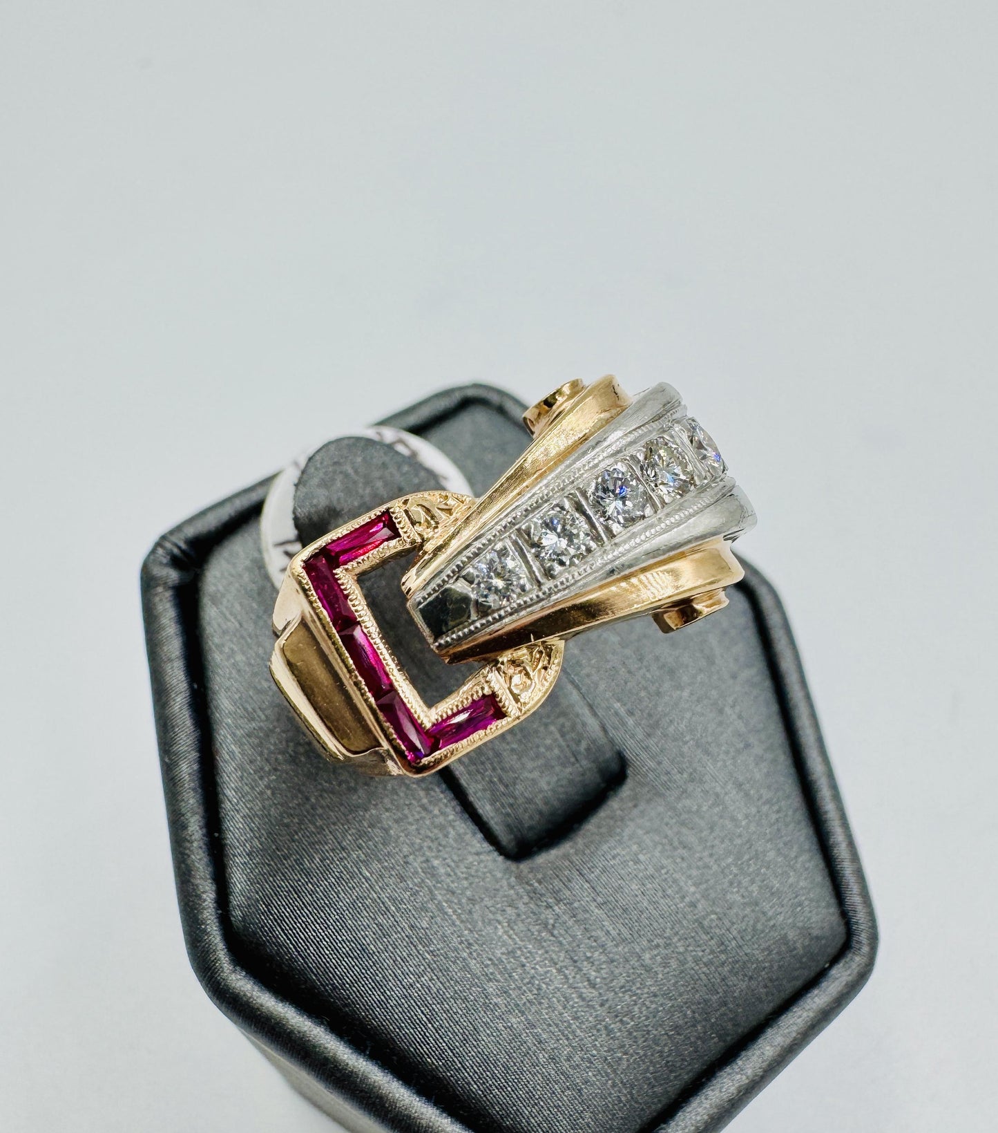 Retro 14k Rose Gold Daimond and Ruby Buckle Ring