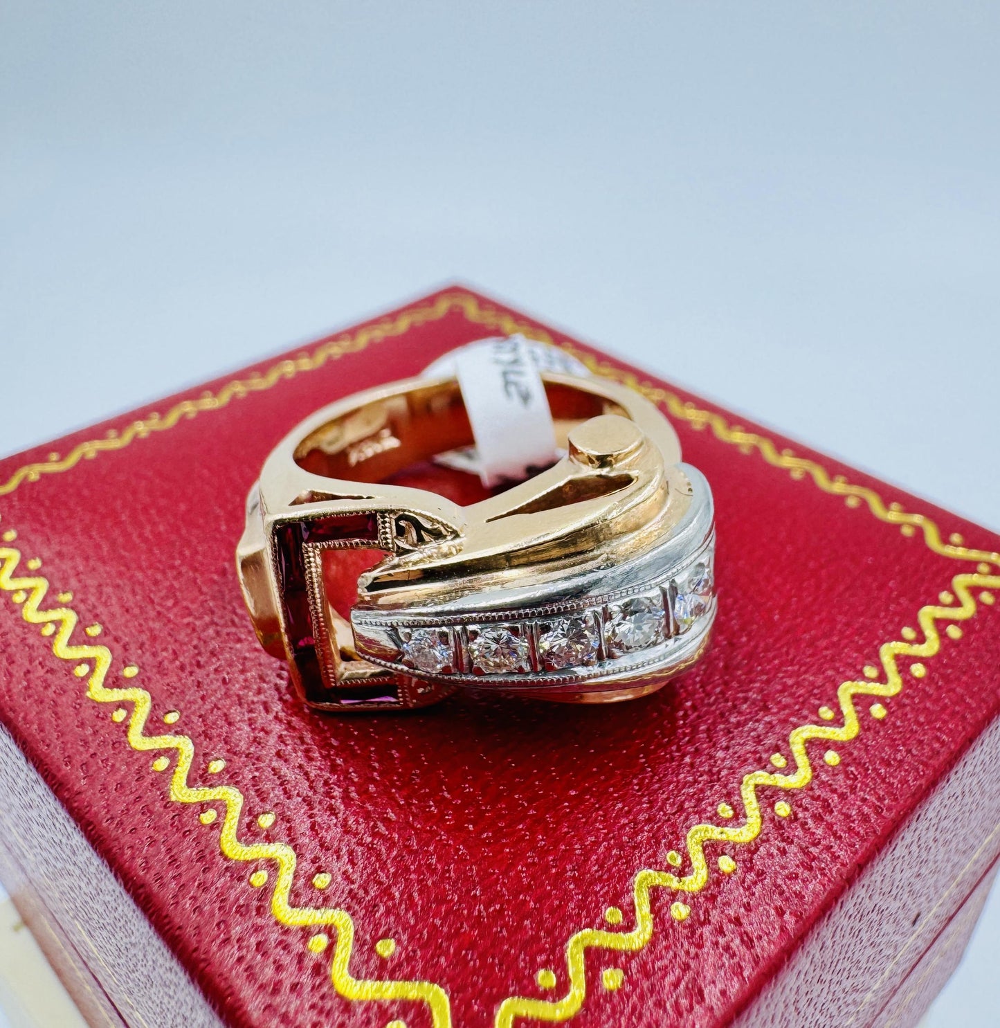 Retro 14k Rose Gold Daimond and Ruby Buckle Ring