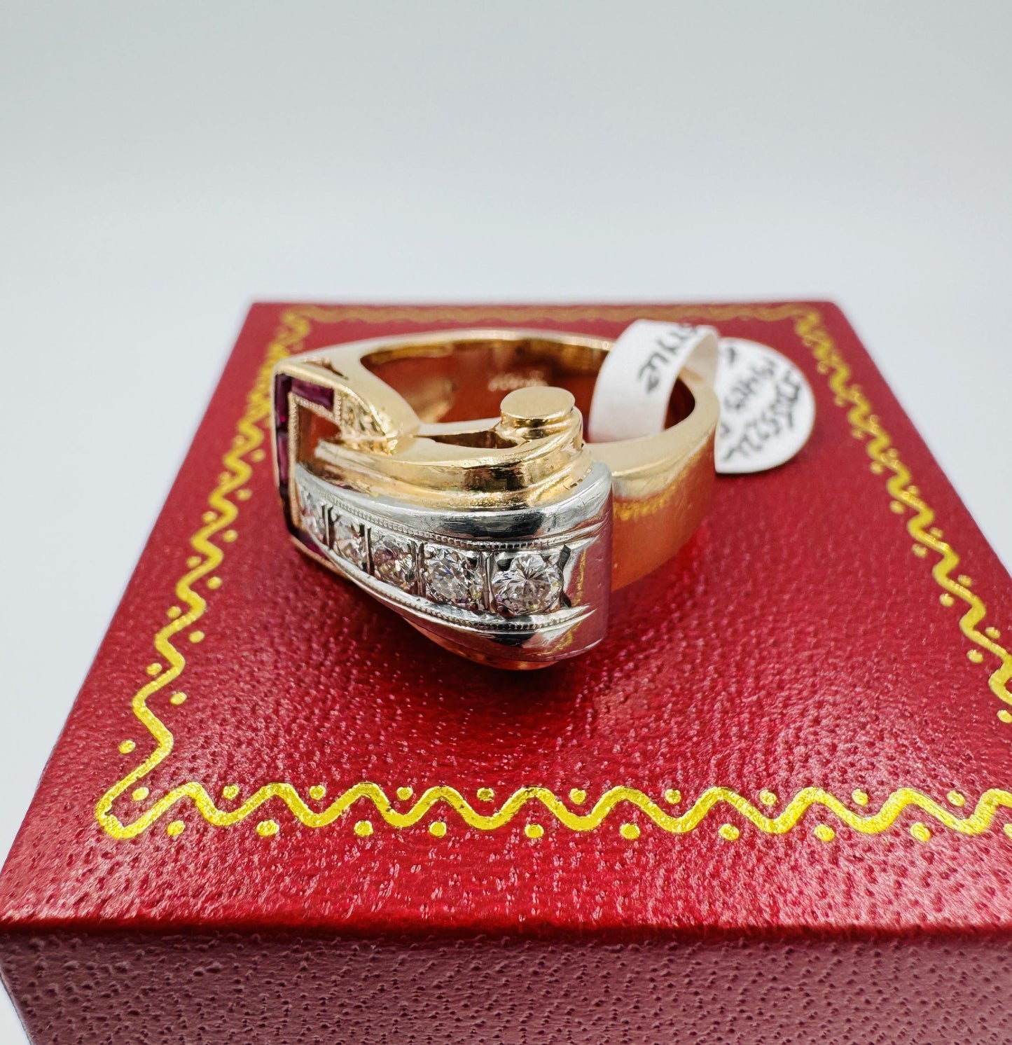 Retro 14k Rose Gold Daimond and Ruby Buckle Ring