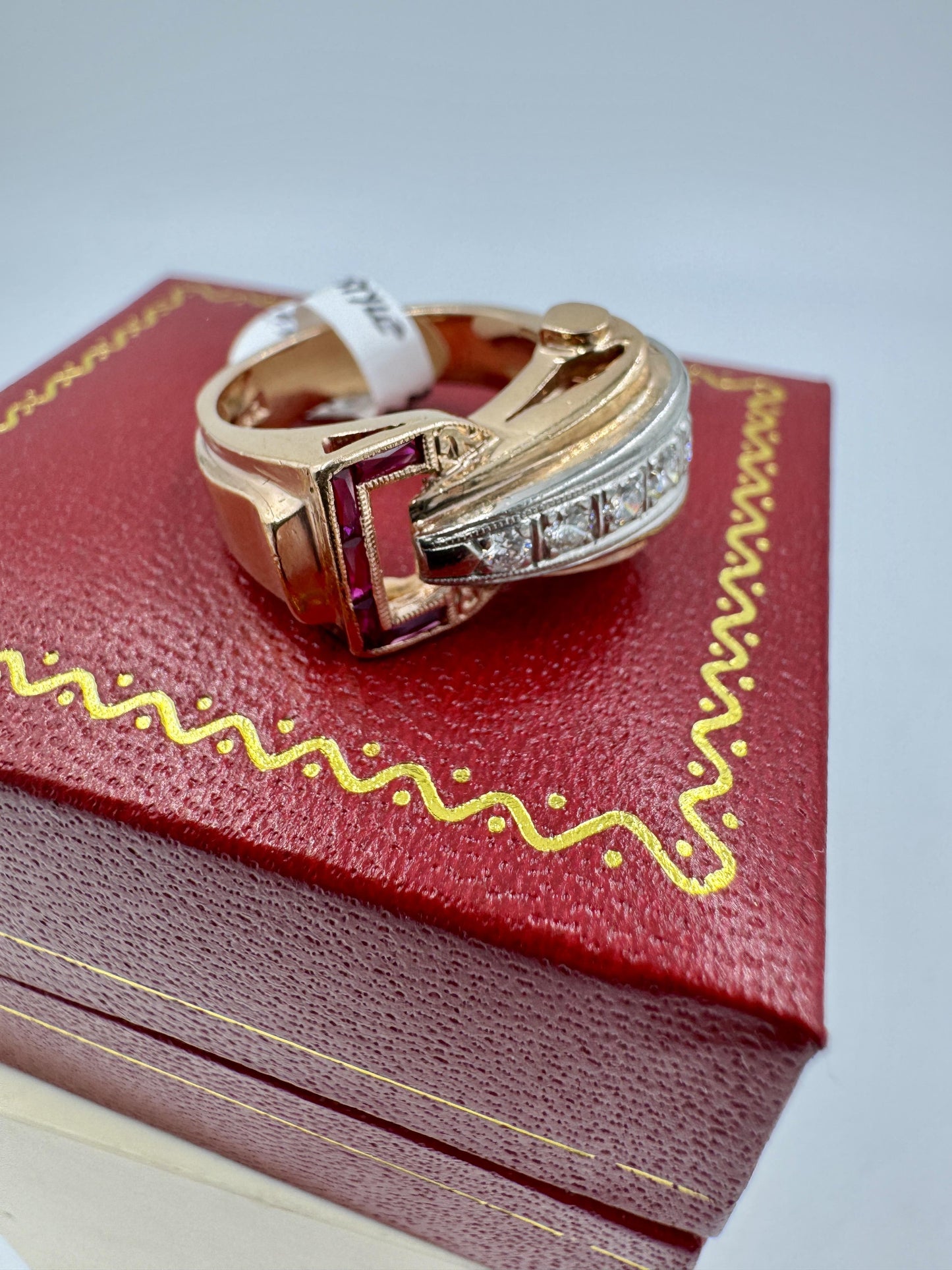 Retro 14k Rose Gold Daimond and Ruby Buckle Ring