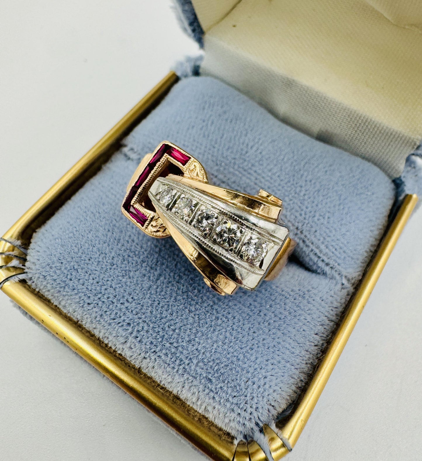 Retro 14k Rose Gold Daimond and Ruby Buckle Ring