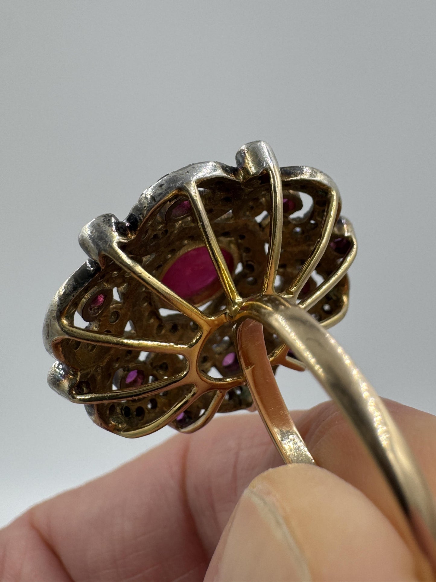 Vintage 14k yellow gold Silver top Ruby and Diamond ring
