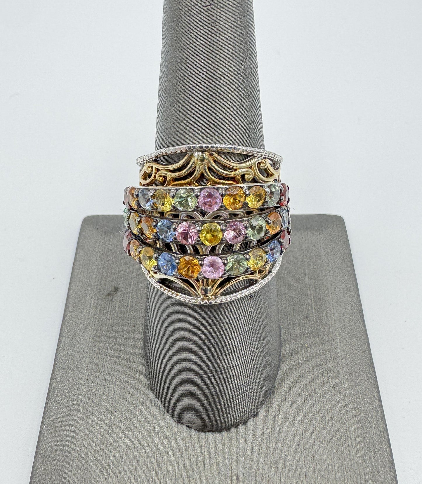 Chuck Clemency STS Sterling Silver Vermeil Multi-Gemstone Wide Band Ring