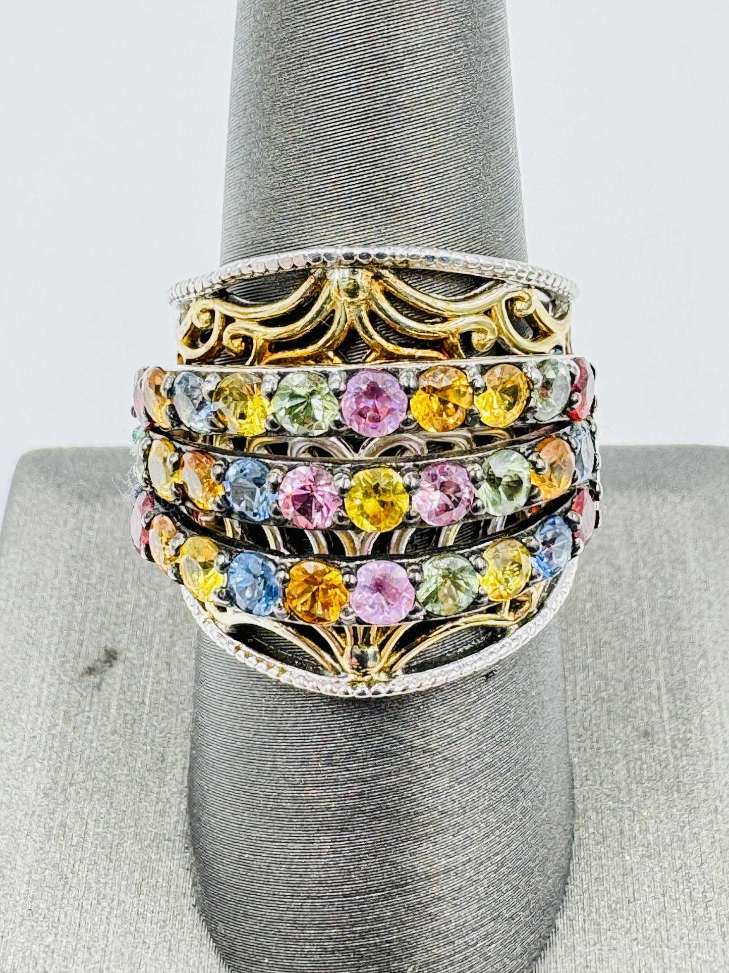 Chuck Clemency STS Sterling Silver Vermeil Multi-Gemstone Wide Band Ring