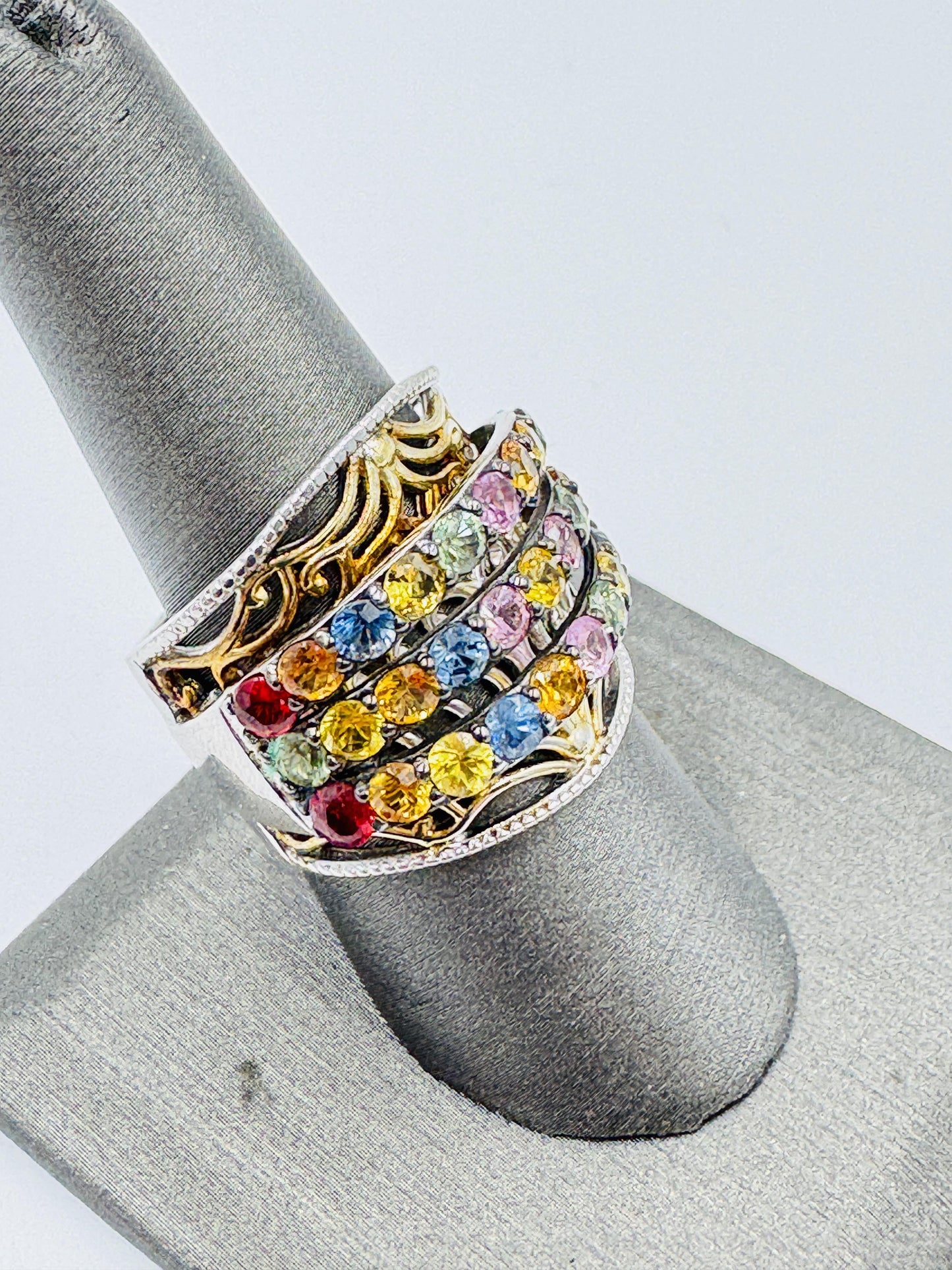Chuck Clemency STS Sterling Silver Vermeil Multi-Gemstone Wide Band Ring