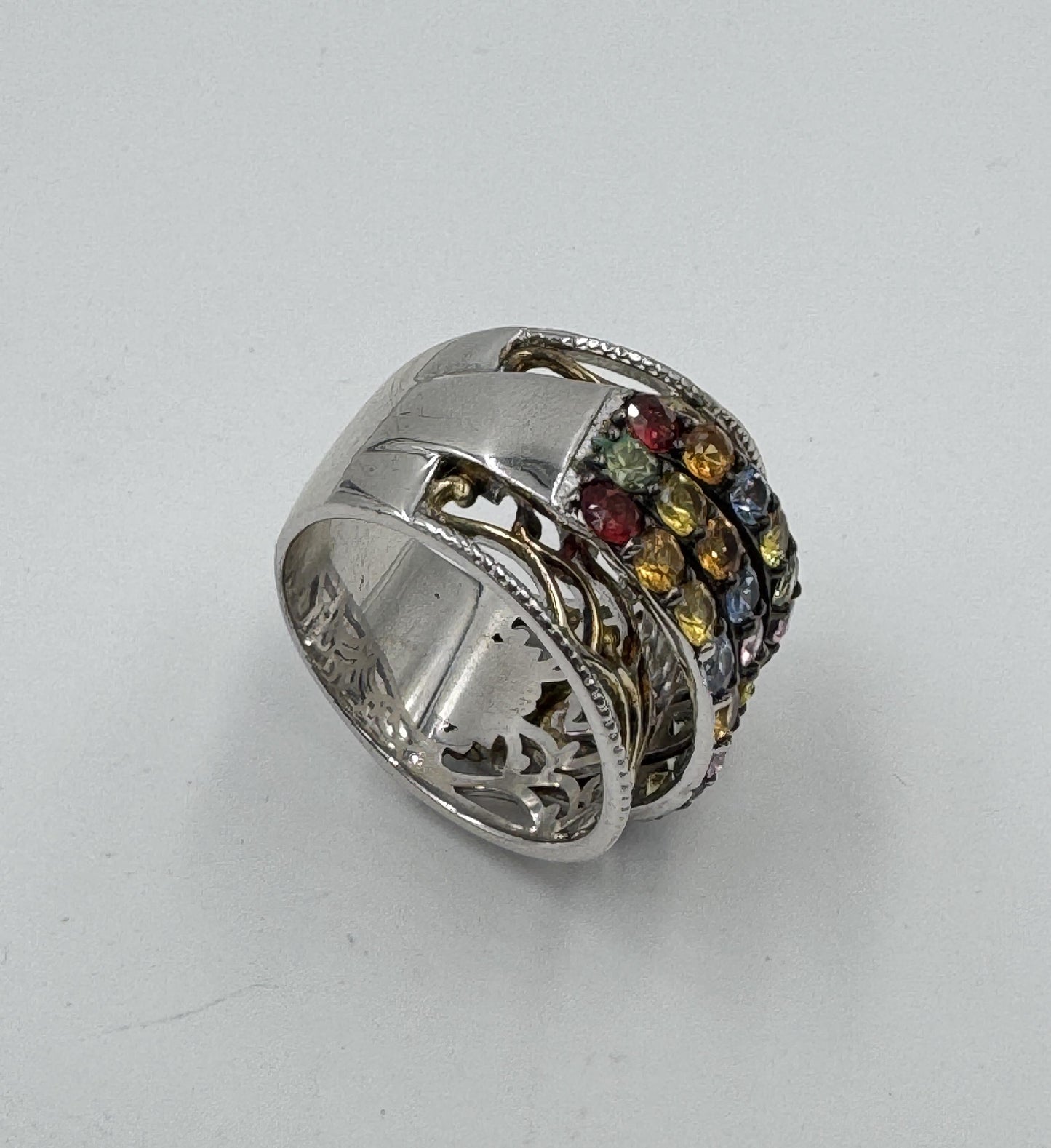 Chuck Clemency STS Sterling Silver Vermeil Multi-Gemstone Wide Band Ring