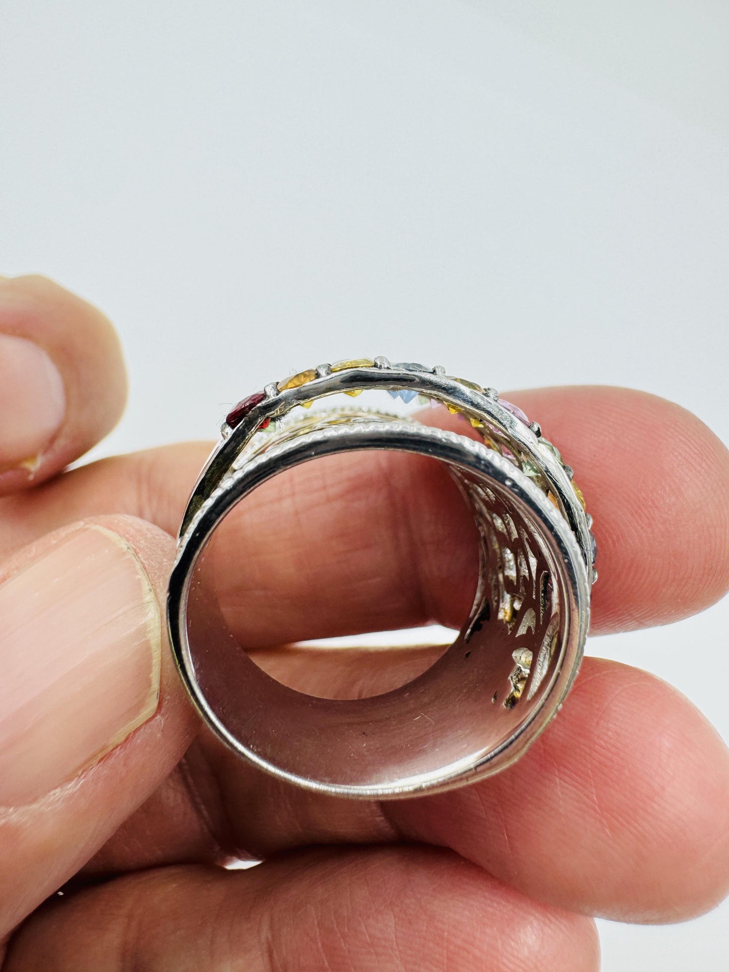 Chuck Clemency STS Sterling Silver Vermeil Multi-Gemstone Wide Band Ring