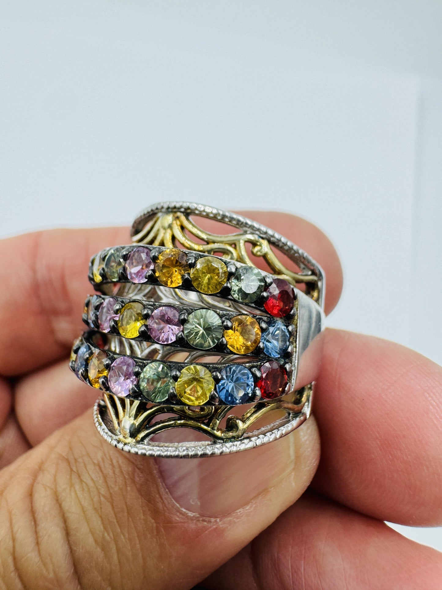 Chuck Clemency STS Sterling Silver Vermeil Multi-Gemstone Wide Band Ring