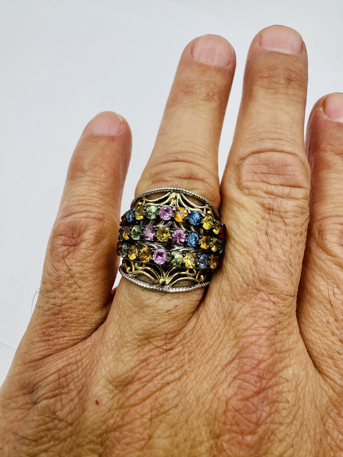Chuck Clemency STS Sterling Silver Vermeil Multi-Gemstone Wide Band Ring