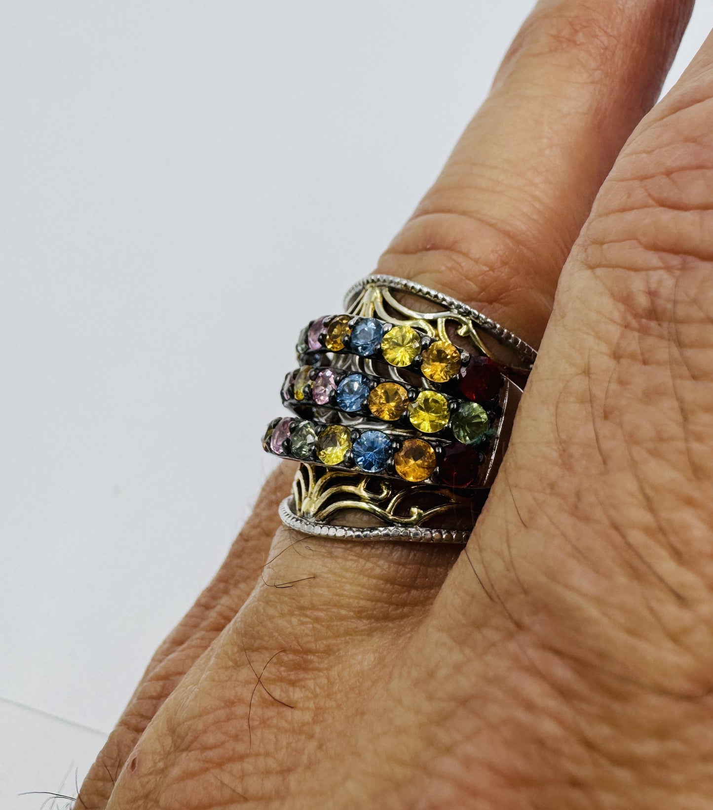 Chuck Clemency STS Sterling Silver Vermeil Multi-Gemstone Wide Band Ring