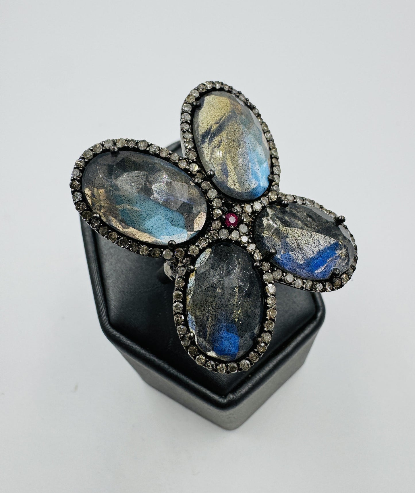 Custom Made Sterling Silver Labradorite Stone Diamonds and Ruby Butterfly Ring